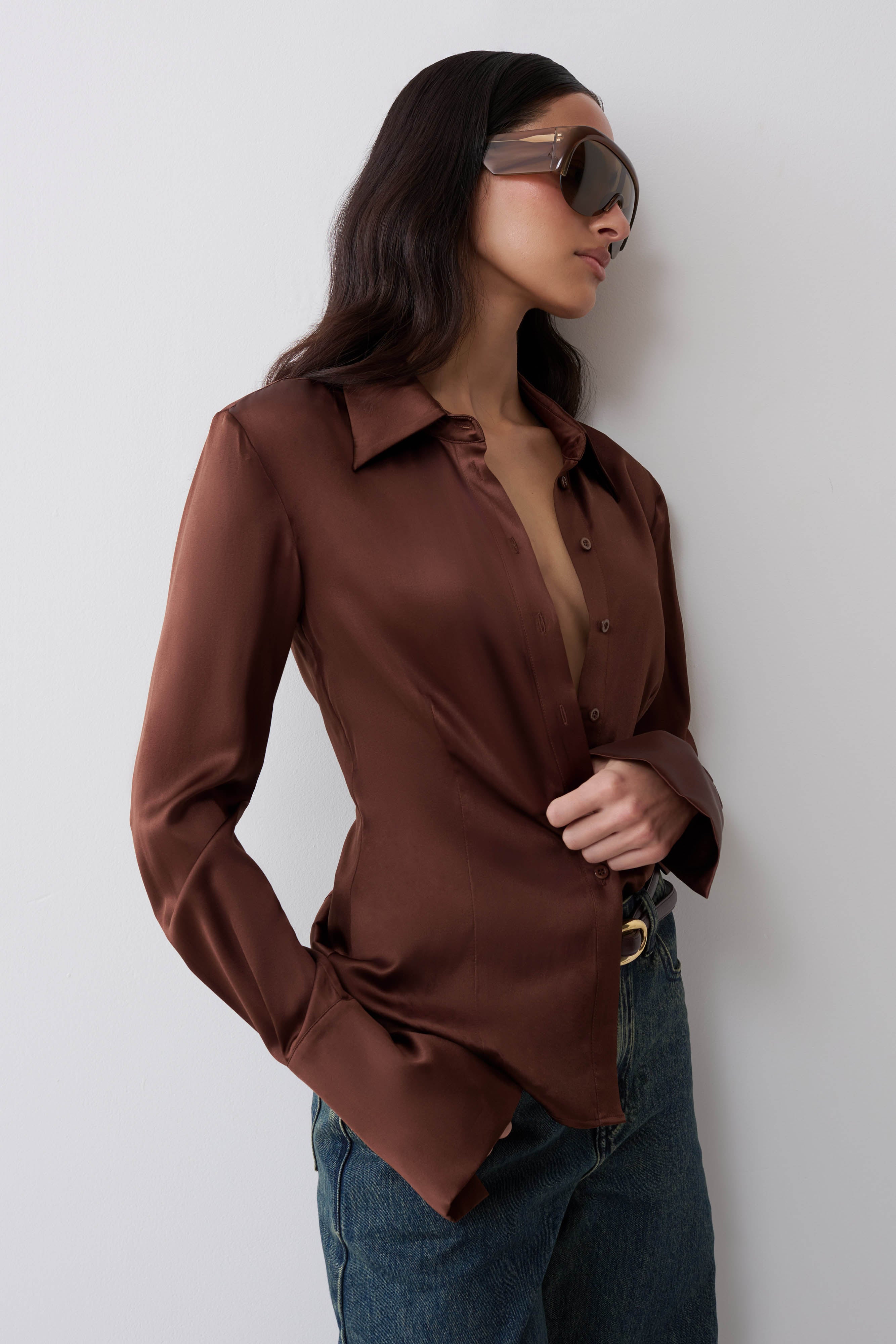 Queenie Silk Long Sleeve Shirt - Dark Chocolate | MESHKI US