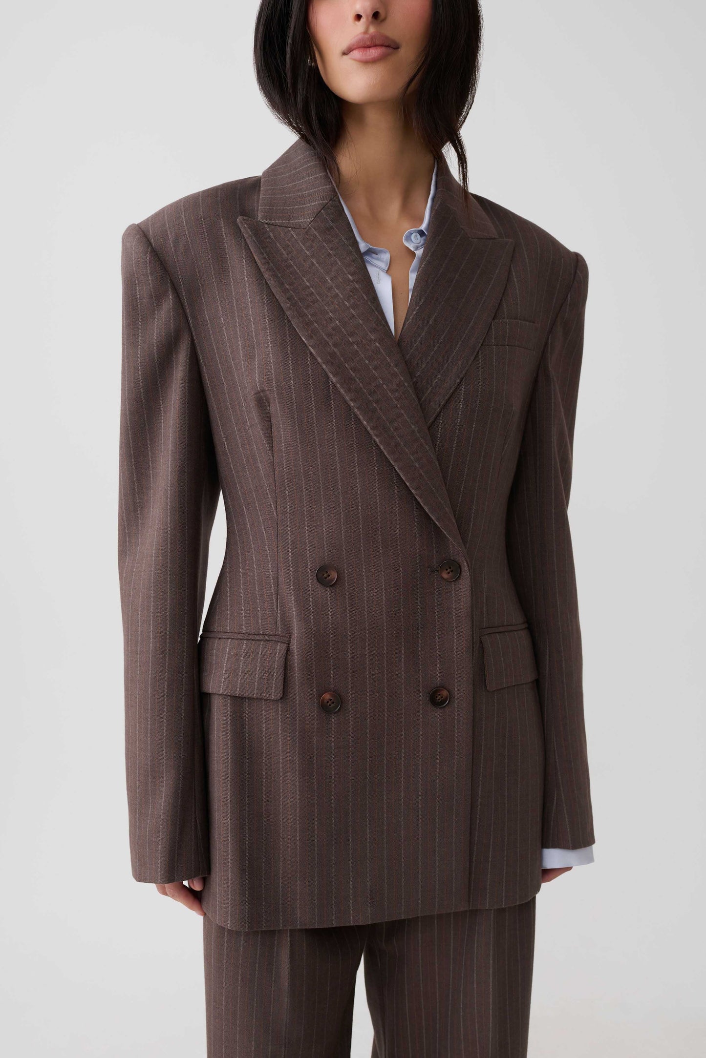 Phoebe Double Breasted Blazer - Brown Stripe
