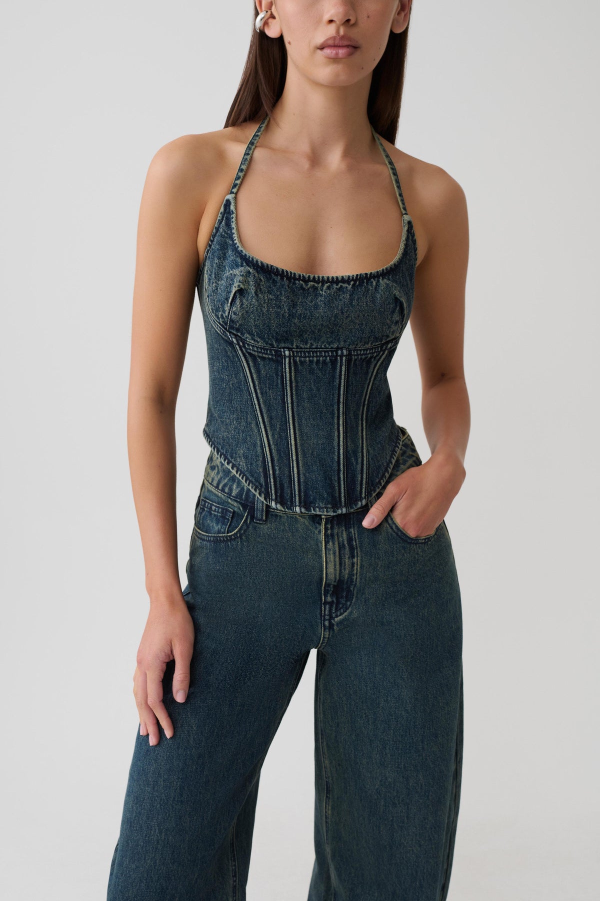 Stephanie Corset Denim Top - Vintage Blue