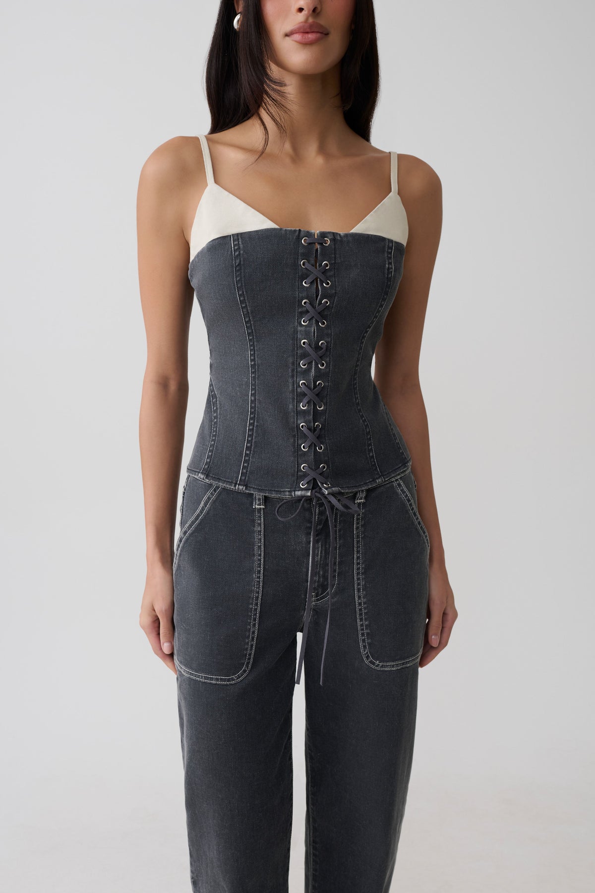 Hellen Denim Corset Top - Dark Grey