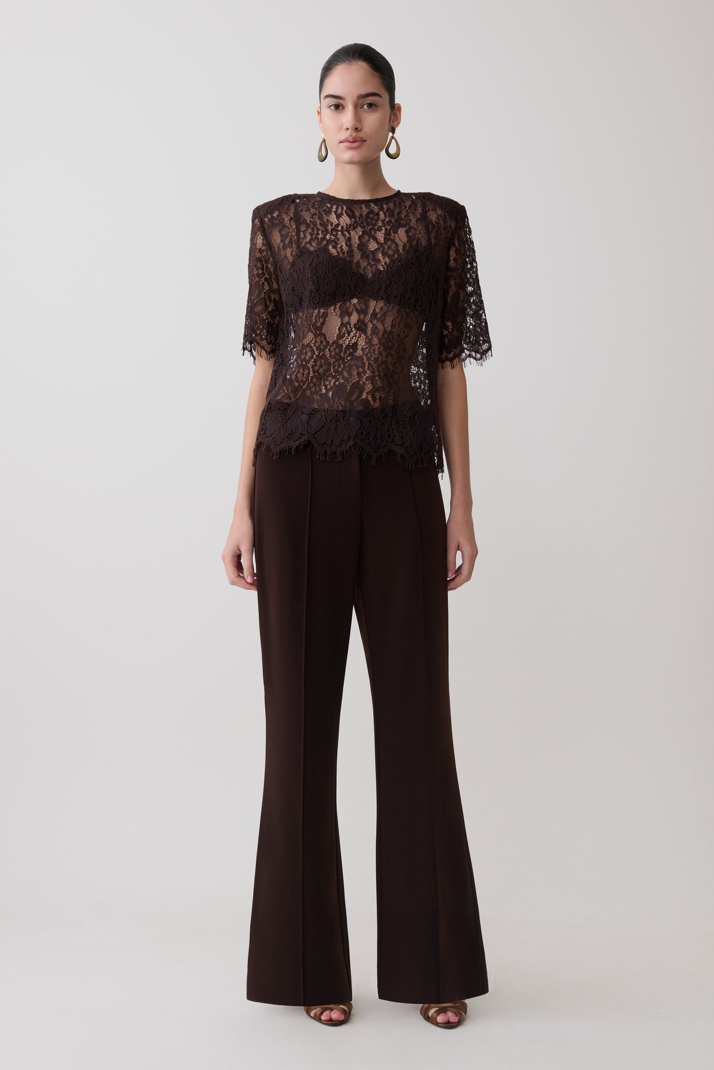 Harlyn Shoulder Pad Short Sleeve Lace Top - Dark Chocolate
