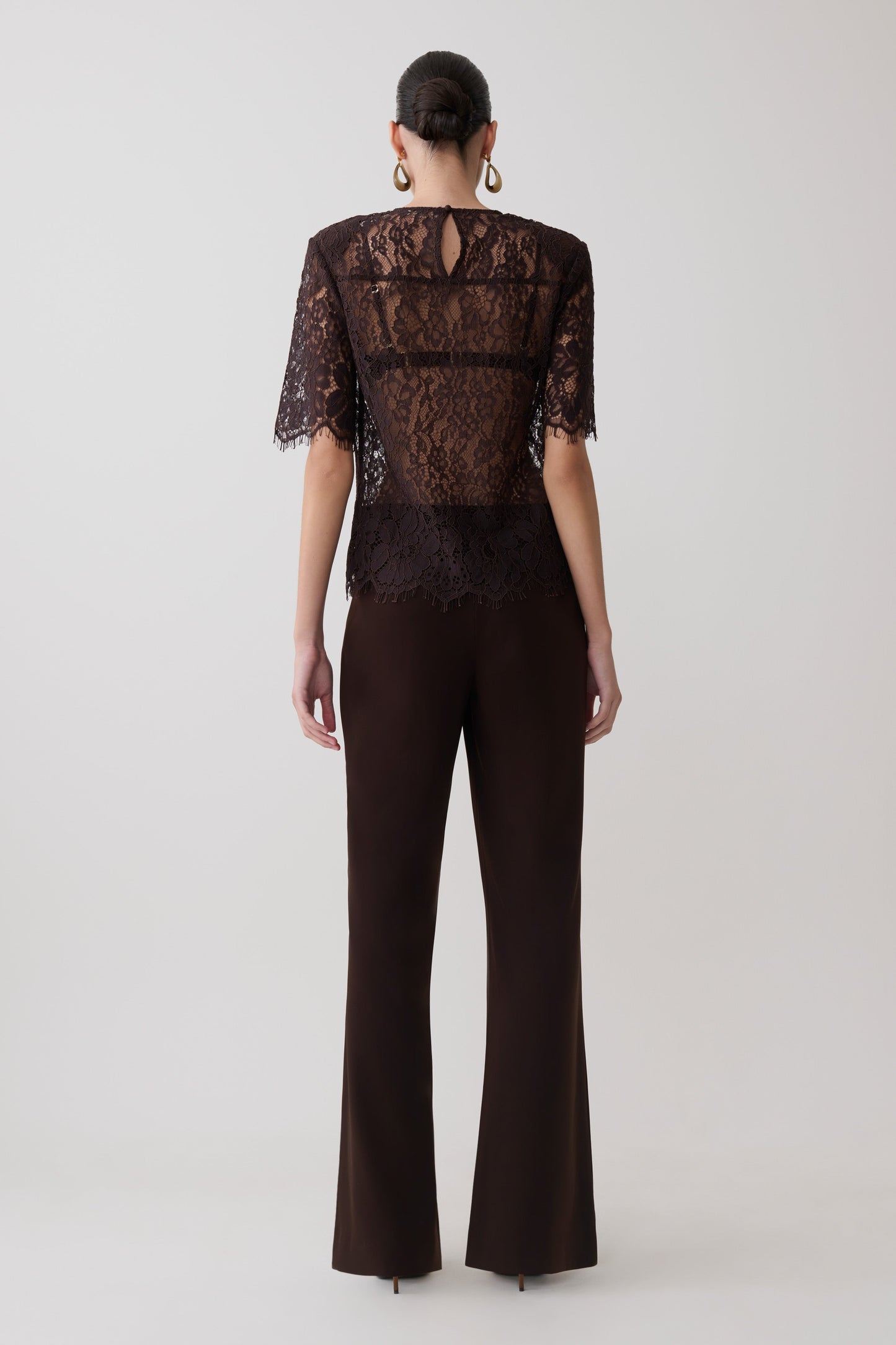 Harlyn Shoulder Pad Short Sleeve Lace Top - Dark Chocolate