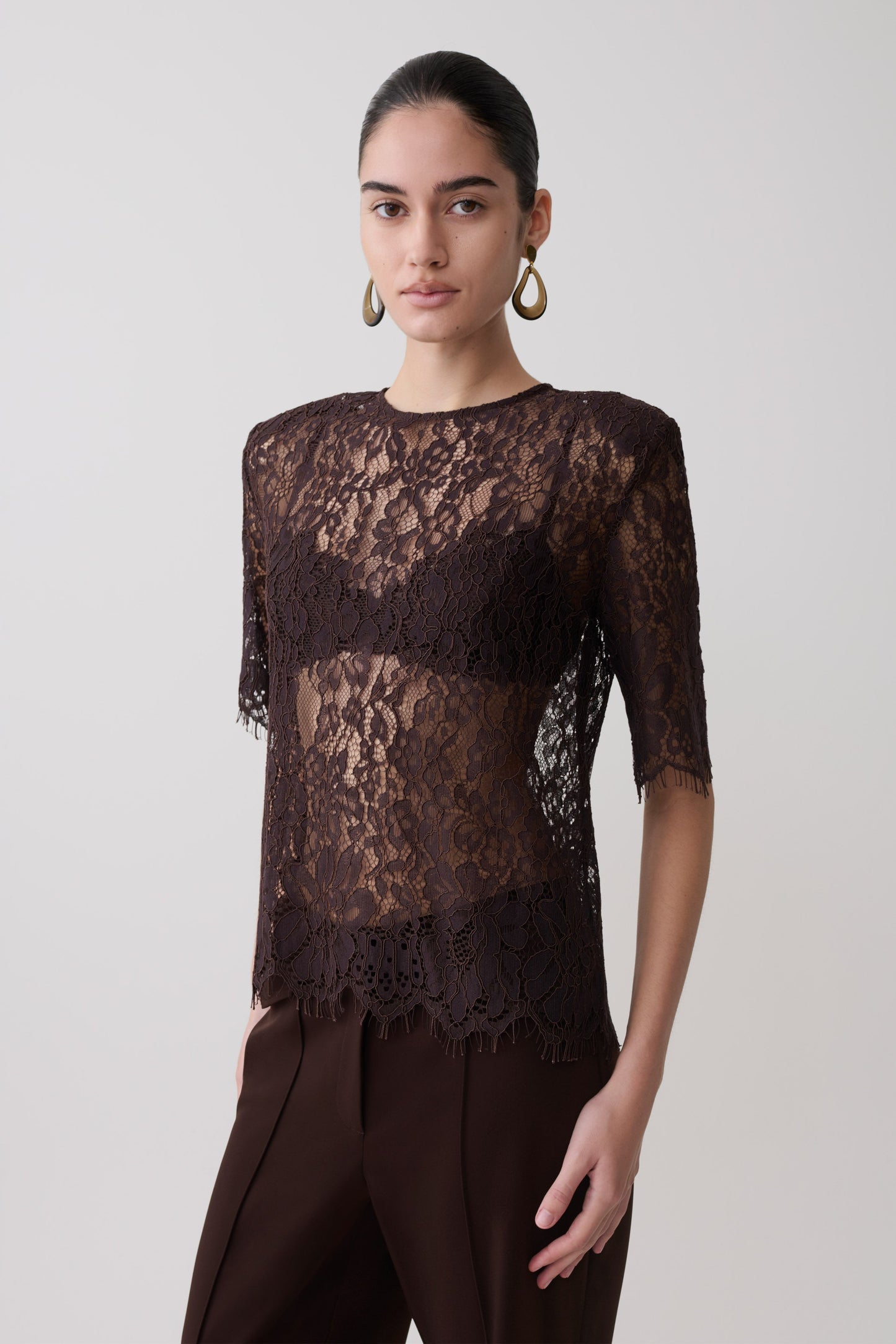 Harlyn Shoulder Pad Short Sleeve Lace Top - Dark Chocolate