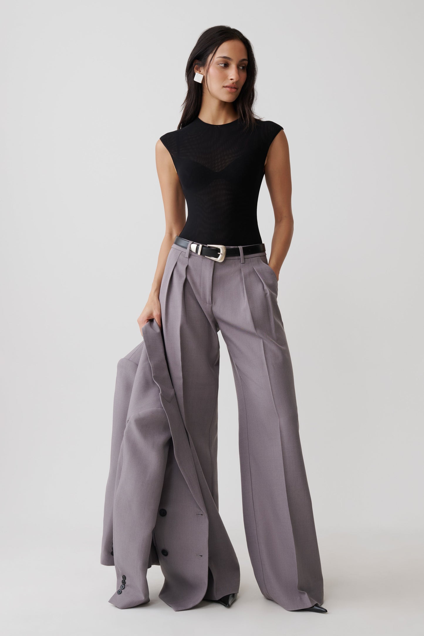 Phoebe Straight Leg Suiting Pants - Light Grey Marle