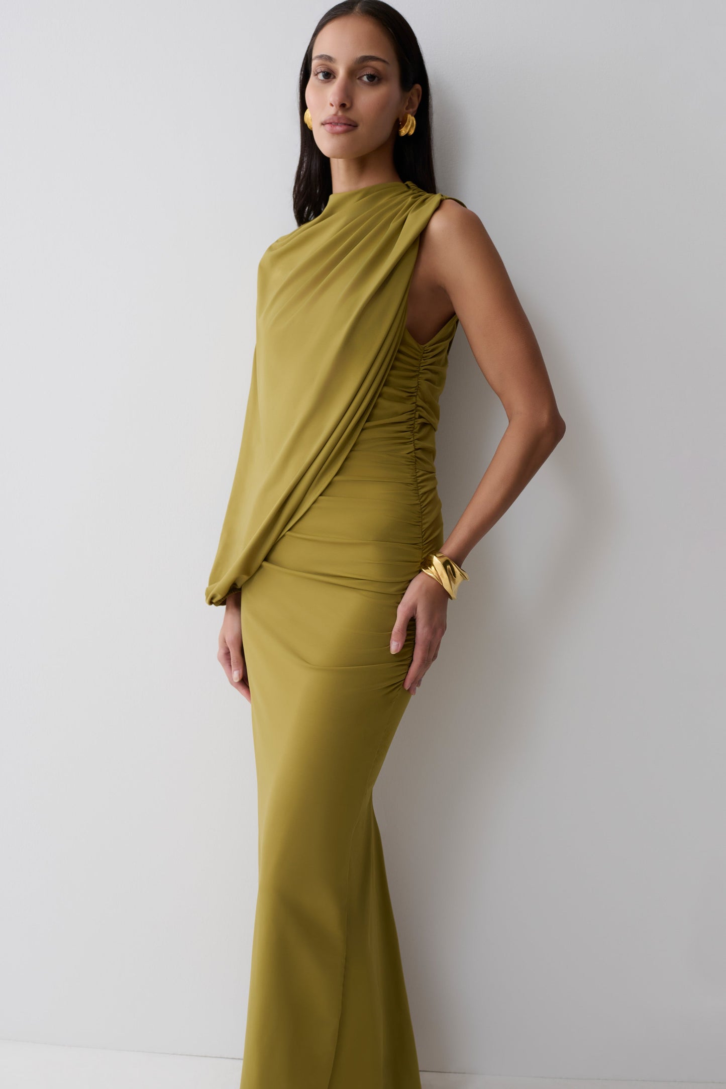 Yuri Gather Sleeve Maxi Dress - Martini Olive