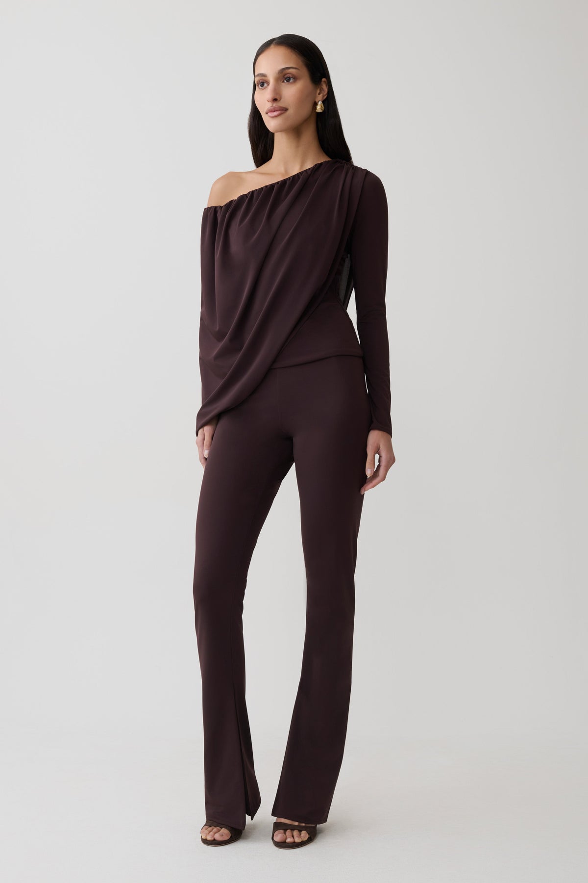 Yuri Long Sleeve Off Shoulder Draped Top - Chocolate