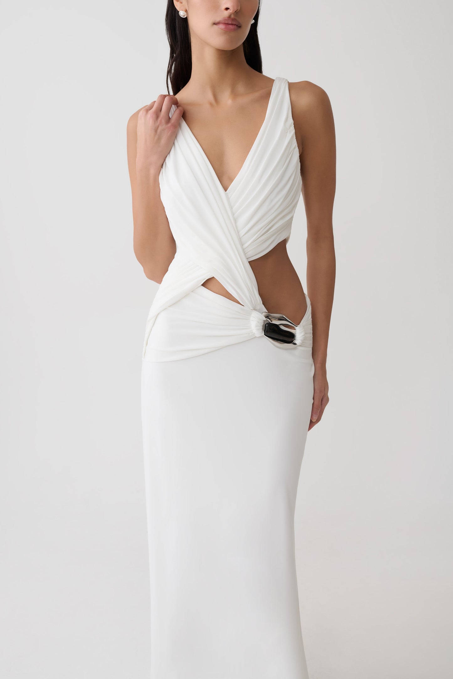 Klein Draped Jersey Gown With Hardware - White