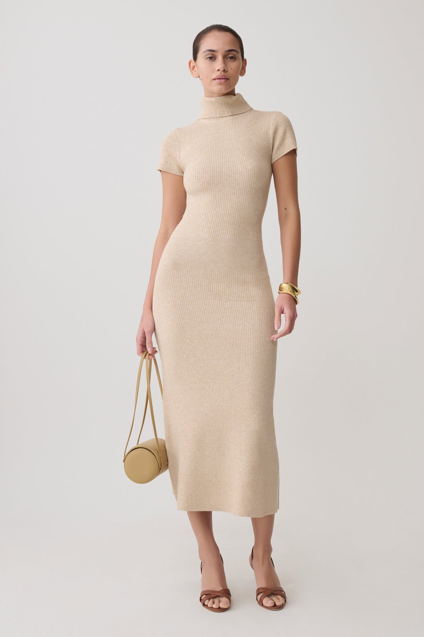 Goldie High Neck Knit Midi Dress - Camel