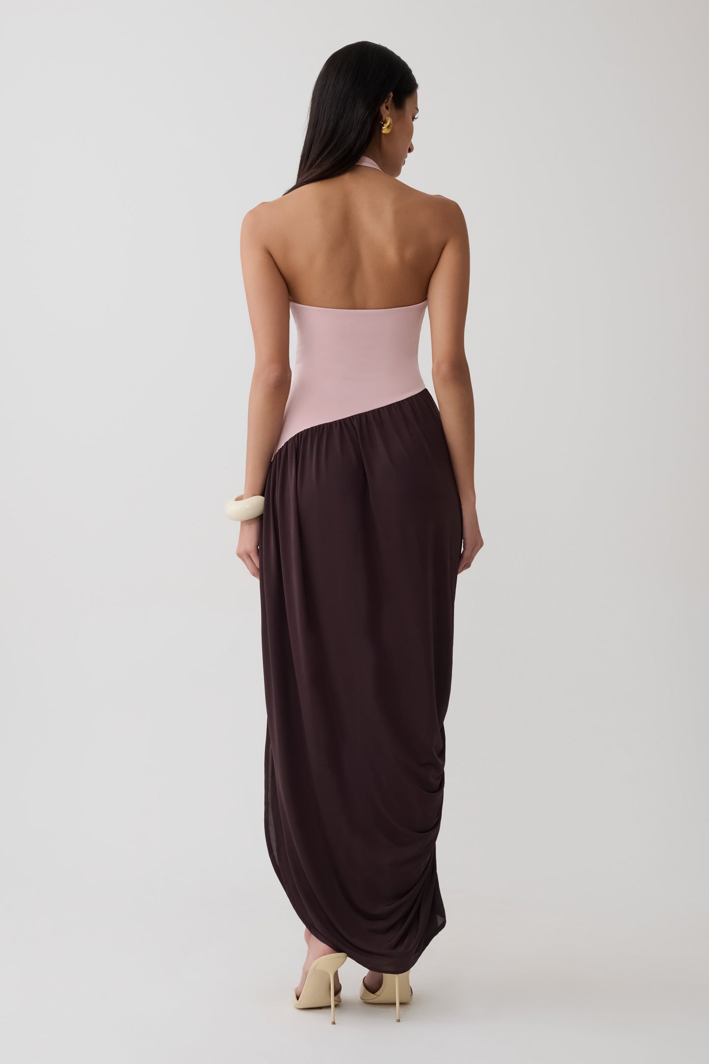 Nari Halter Gathered Maxi Dress - Muted Pink/Dark Chocolate