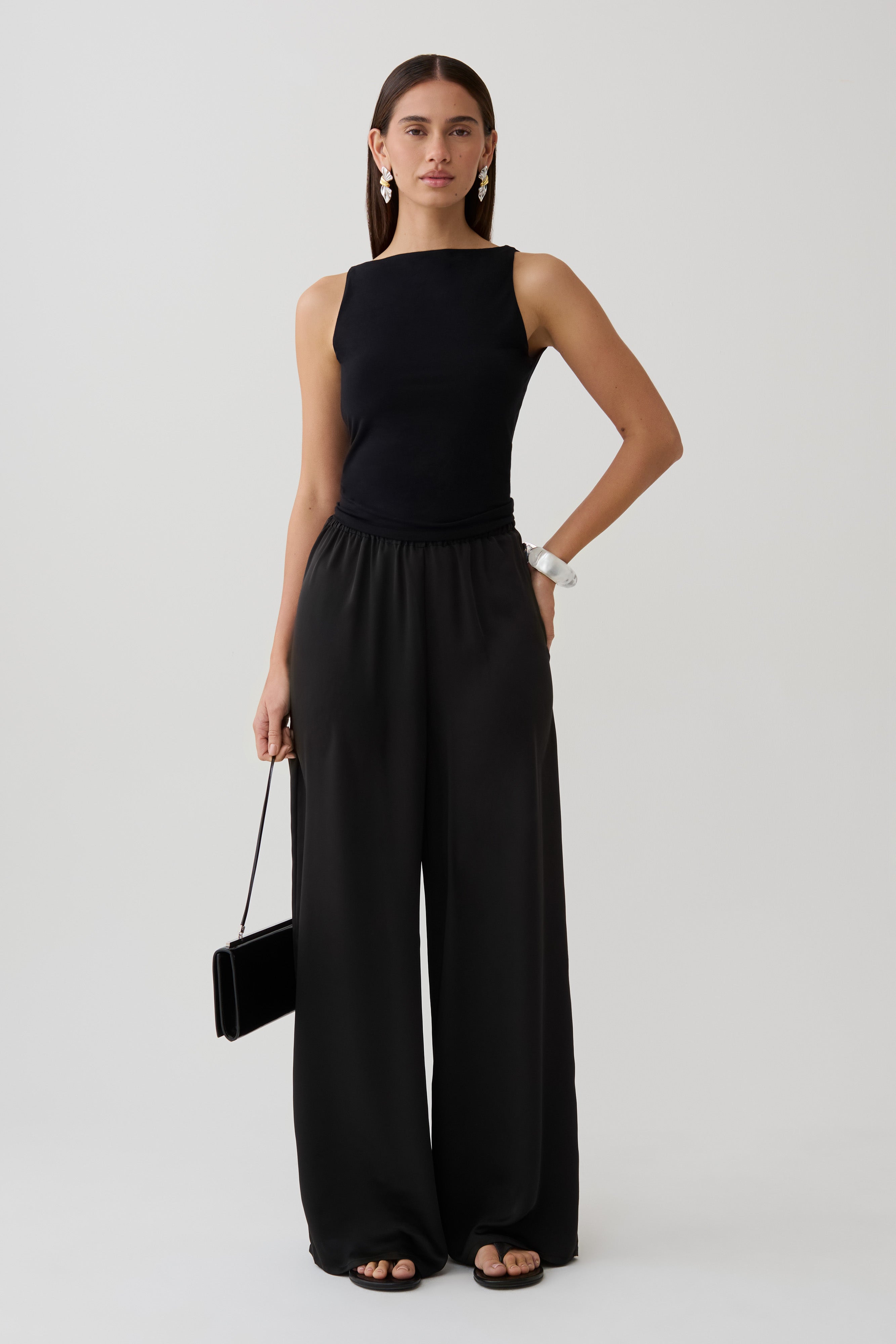 Alysa Satin Straight Pants - Black | MESHKI US