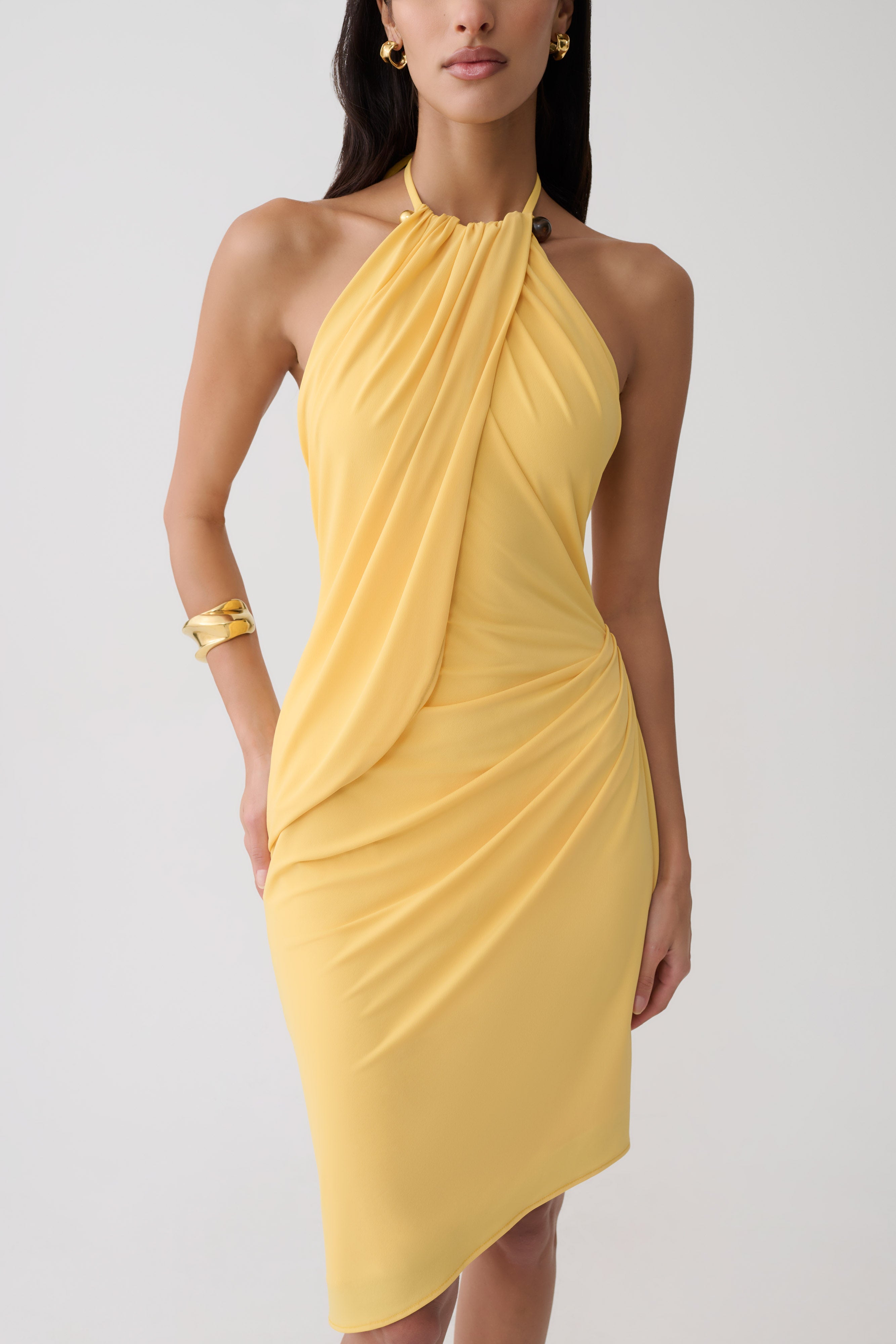 mango yellow halter dress Yuna Draped Hardware Midi / | MESHKI LowStock:43616980369459