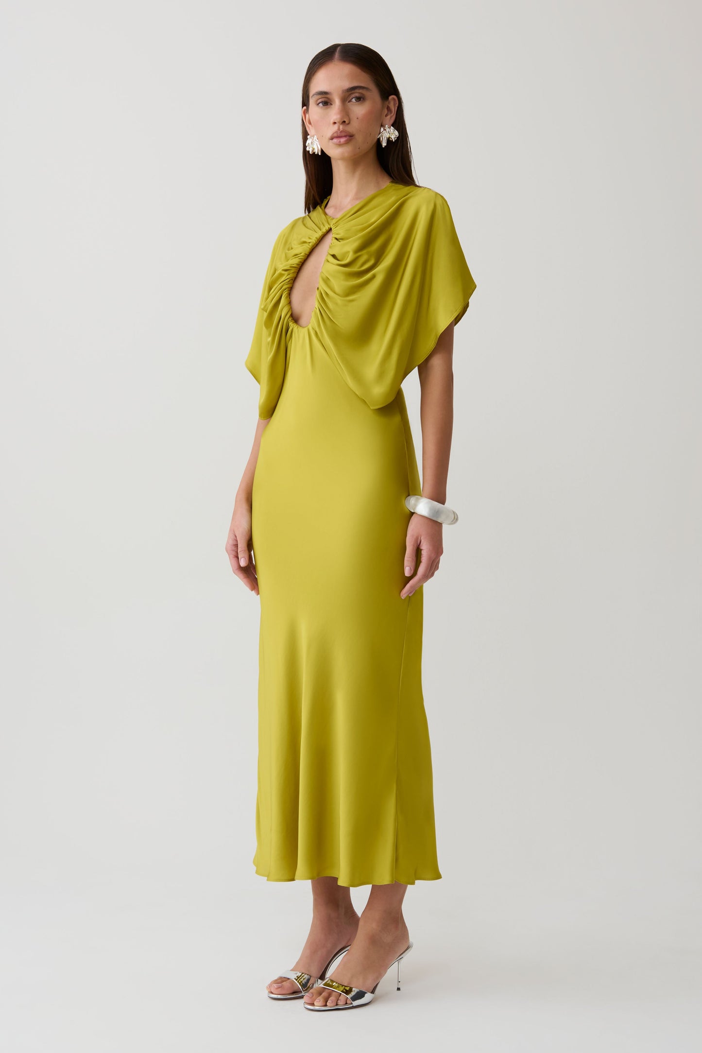 Mona Cut Out Satin Midi Dress - Chartreuse