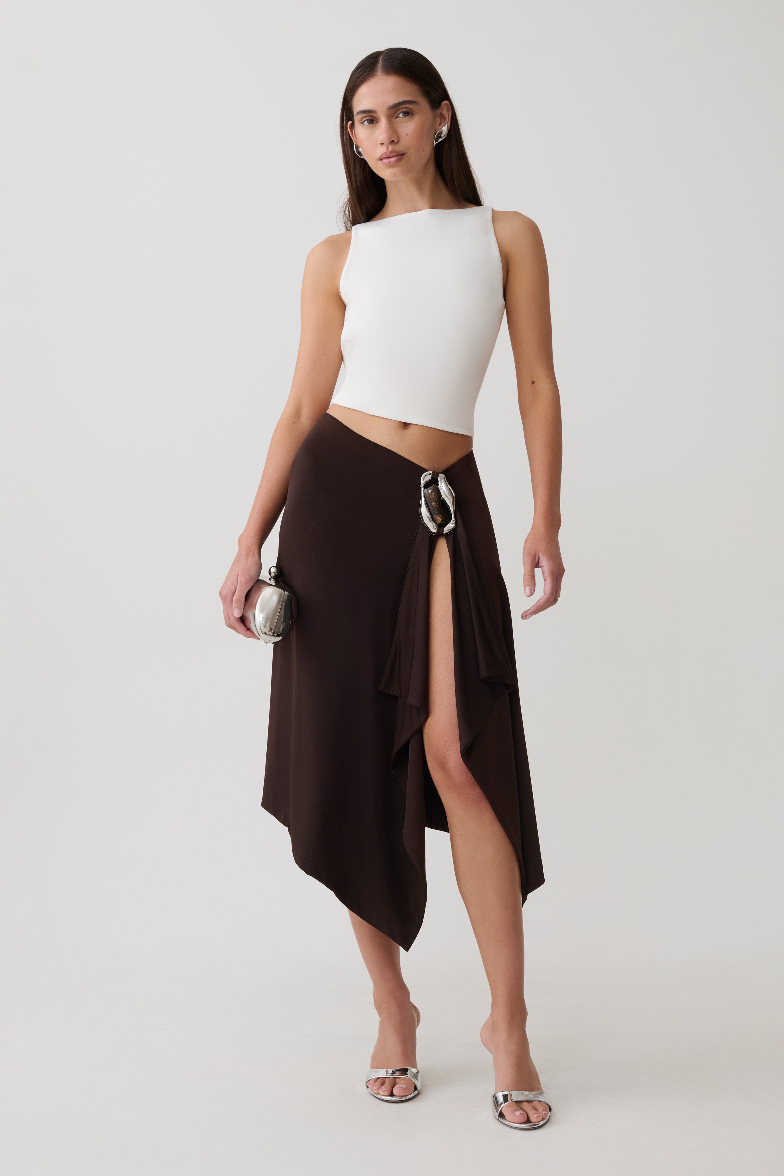 Sault Hankie Midi Skirt with Hardware - Dark Chocolate | MESHKI US
