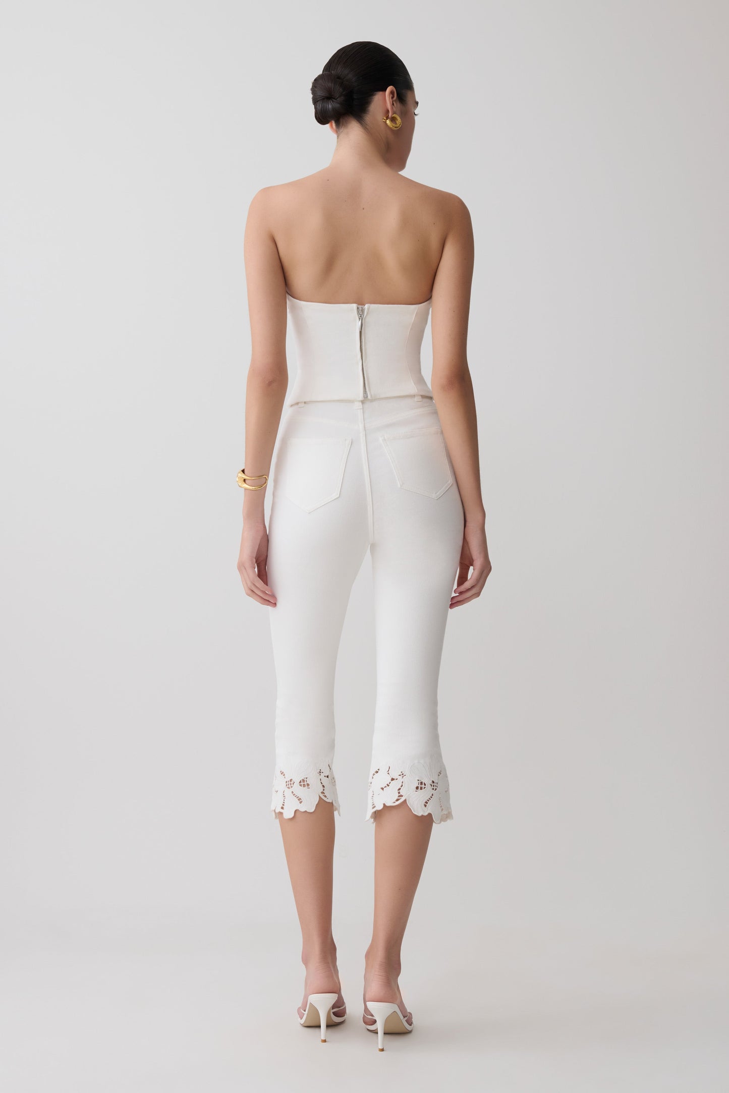 Tillie Flower Embroidery Strapless Denim Top - White