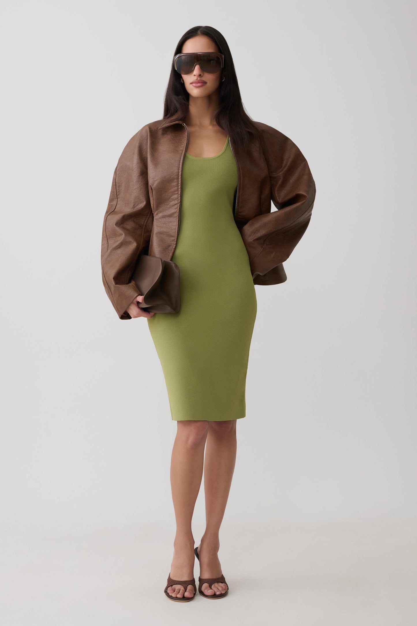 Leah Racer Back Knee Length Knit Dress - Olive