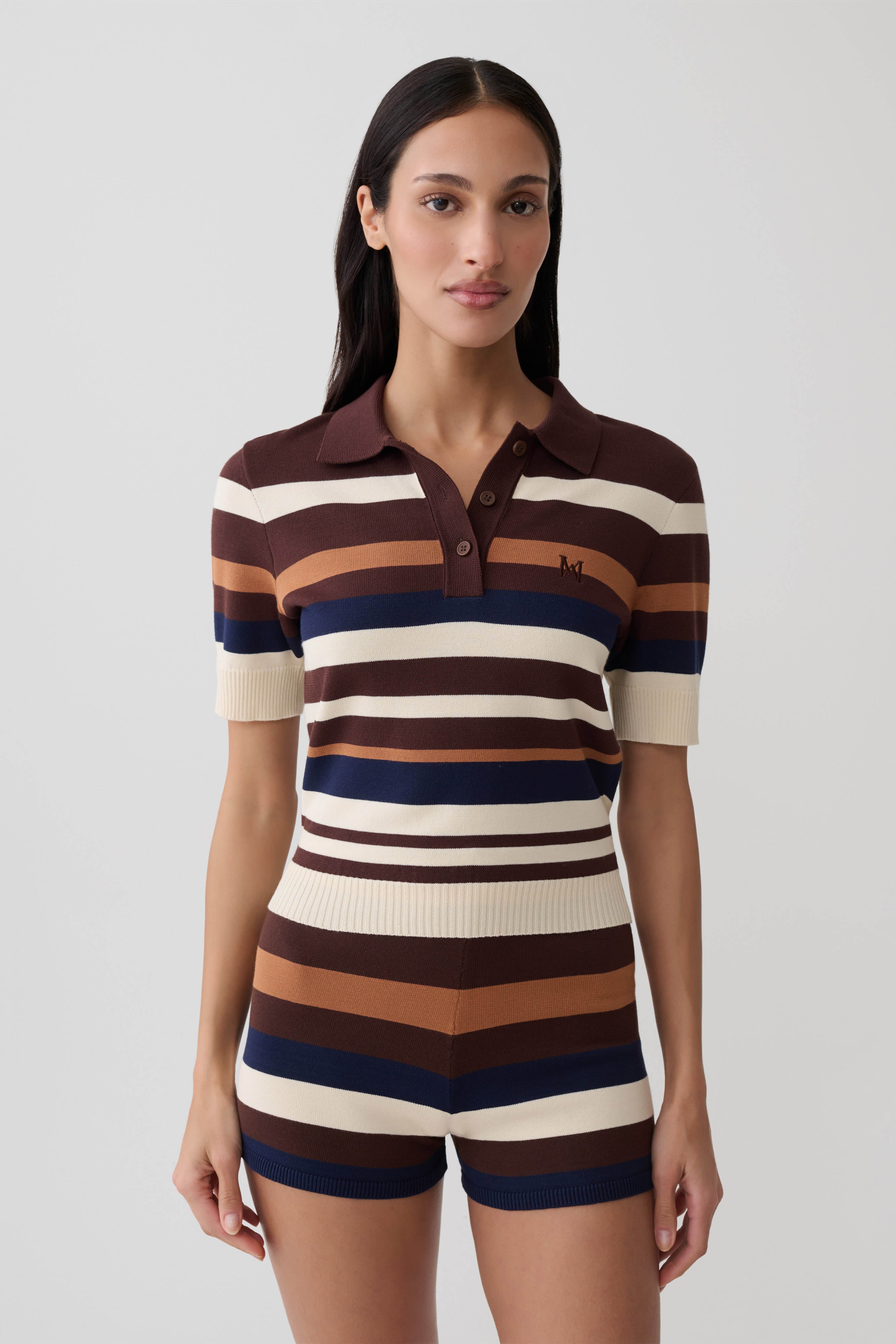 Meshki Philly Stripe Knit Button Up Top - Navy/Neutral