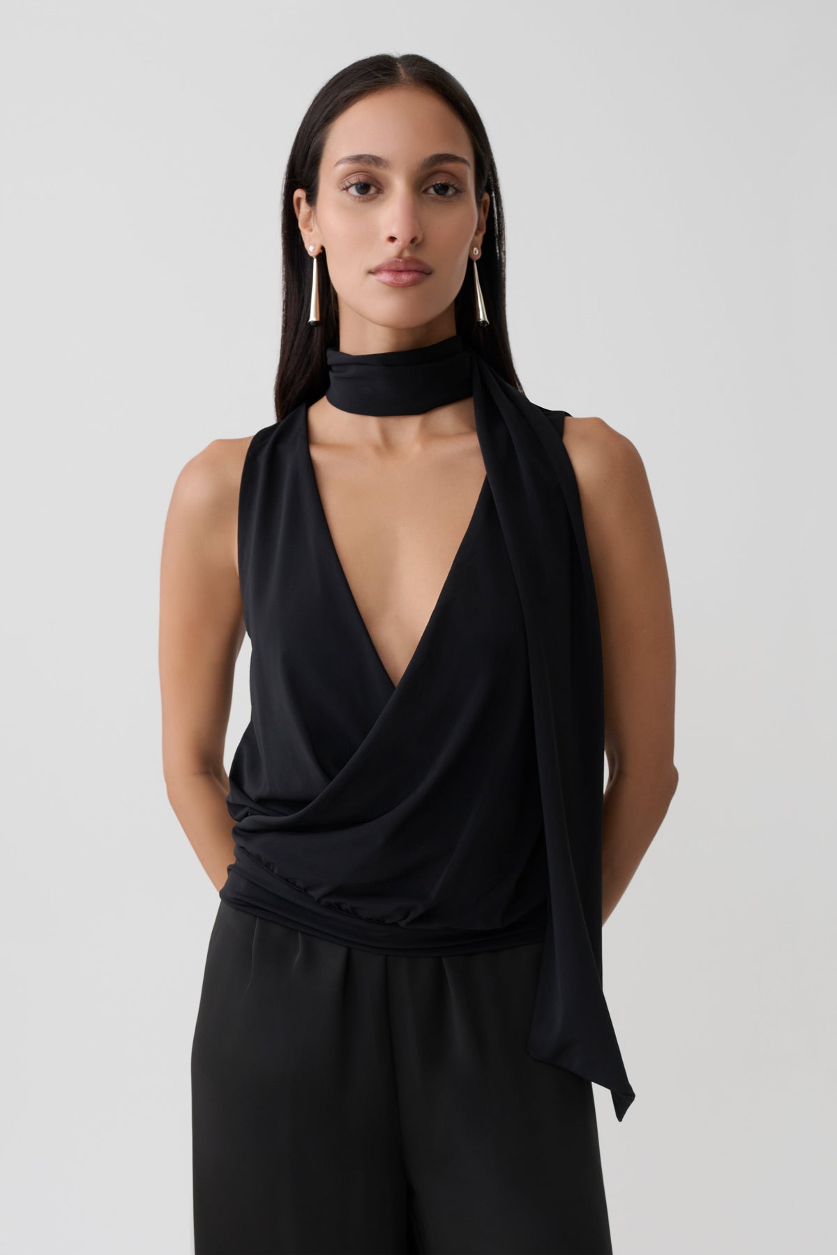 Raisa Overlap Top With Neck Scarf - Black