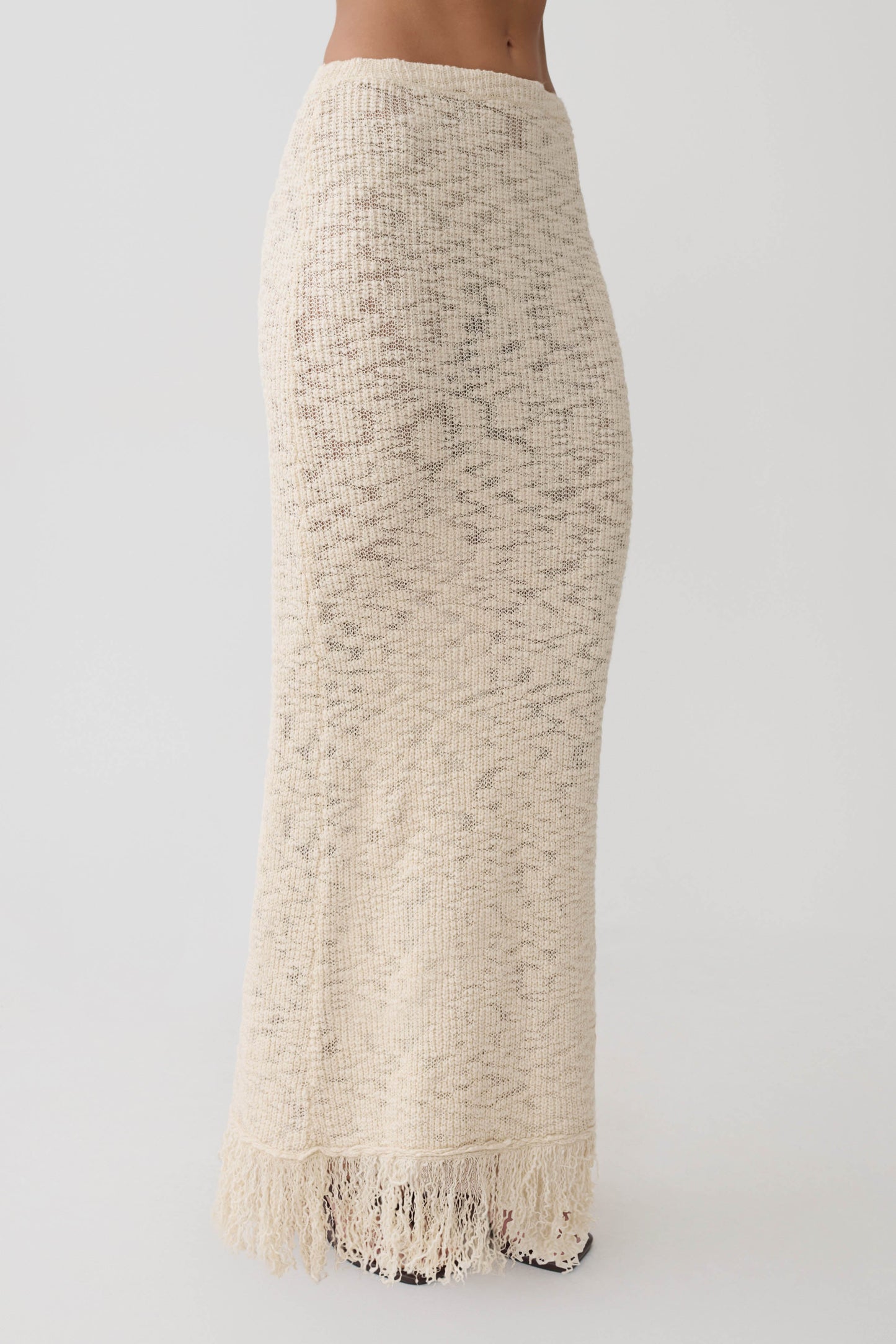 Giovanni Fringe Knit Midi Skirt - Cream