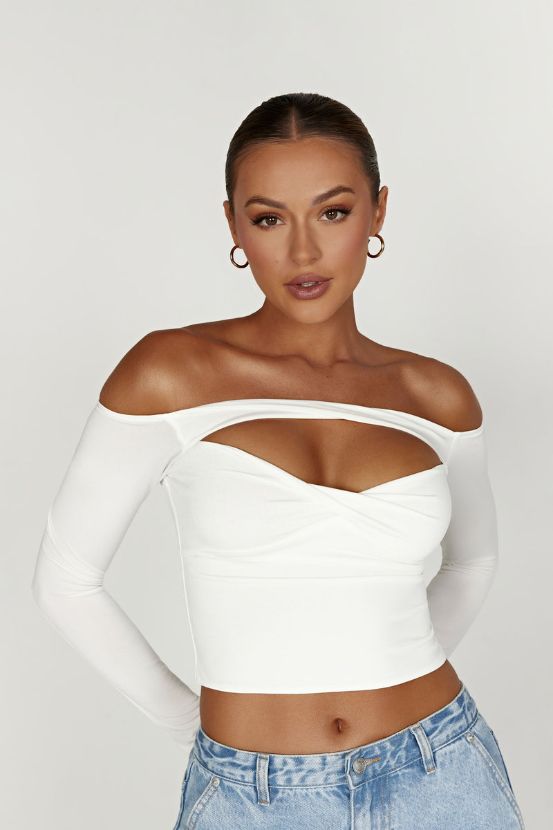 white off shoulder long sleeve crop top