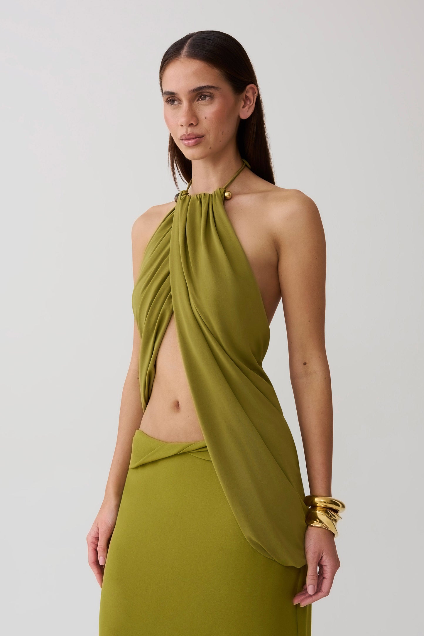 Yuna Draped Hardware Top - Martini Olive