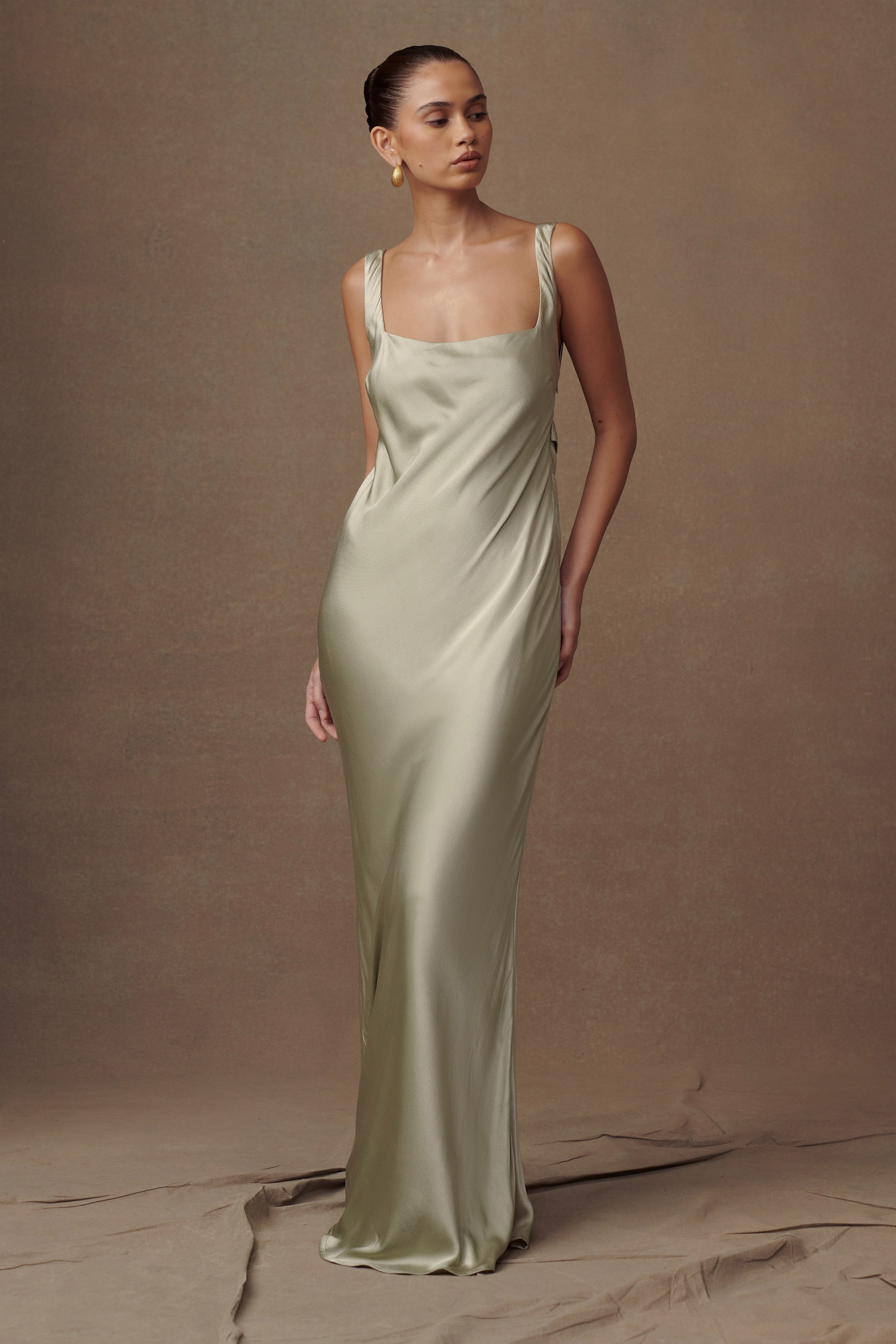 meshki sage green dress Alice Satin Halter Maxi / | evening events Esther Iridescent Satin Cowl Maxi