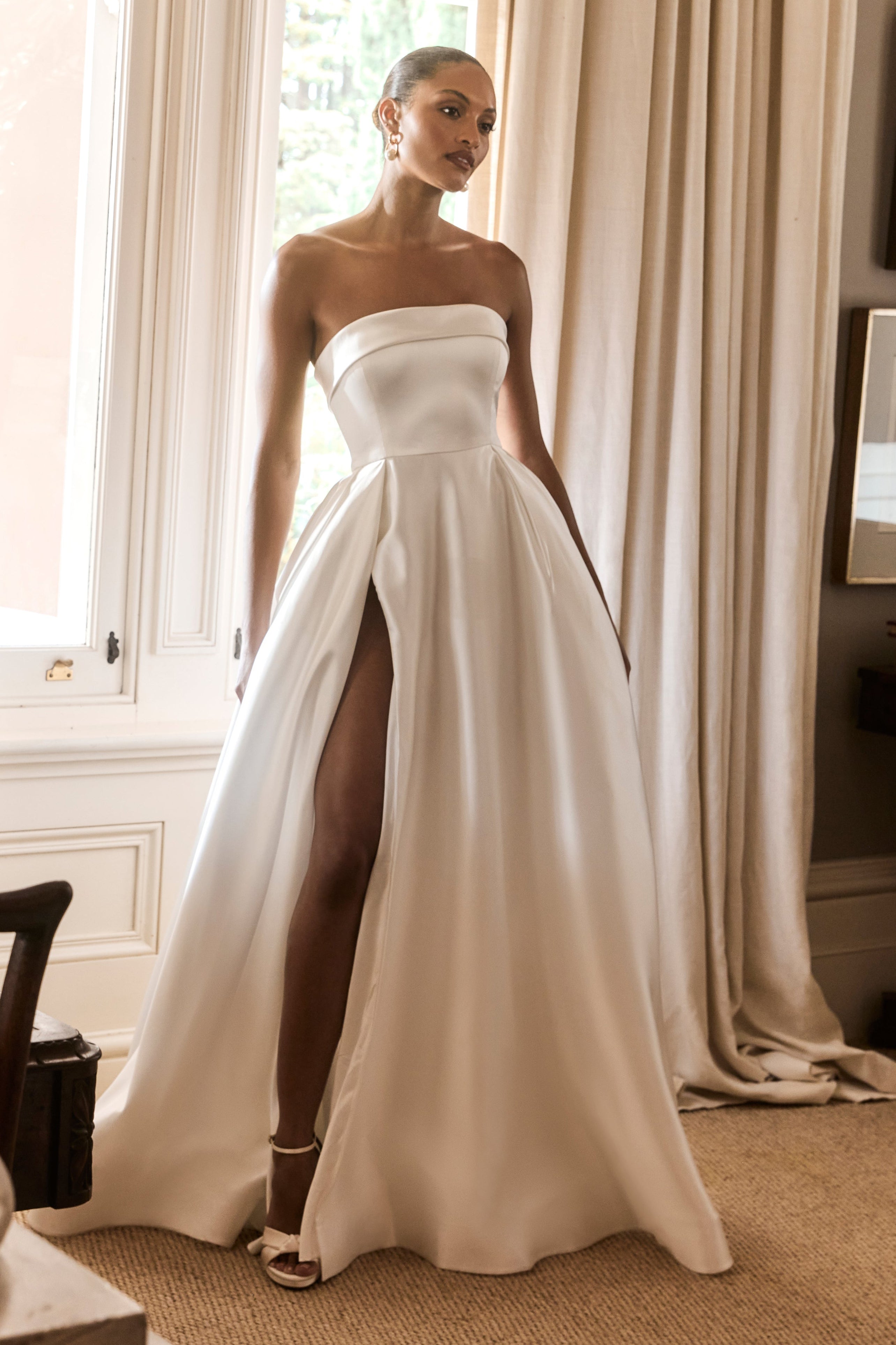 strapless cream wedding dress MARION Strapless A-line Satin Gown