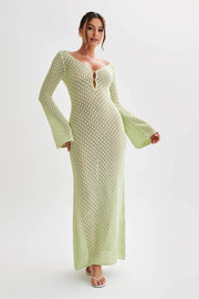 Kayleigh Crochet Fishtail Flare Sleeve Maxi Dress - Seafoam Green