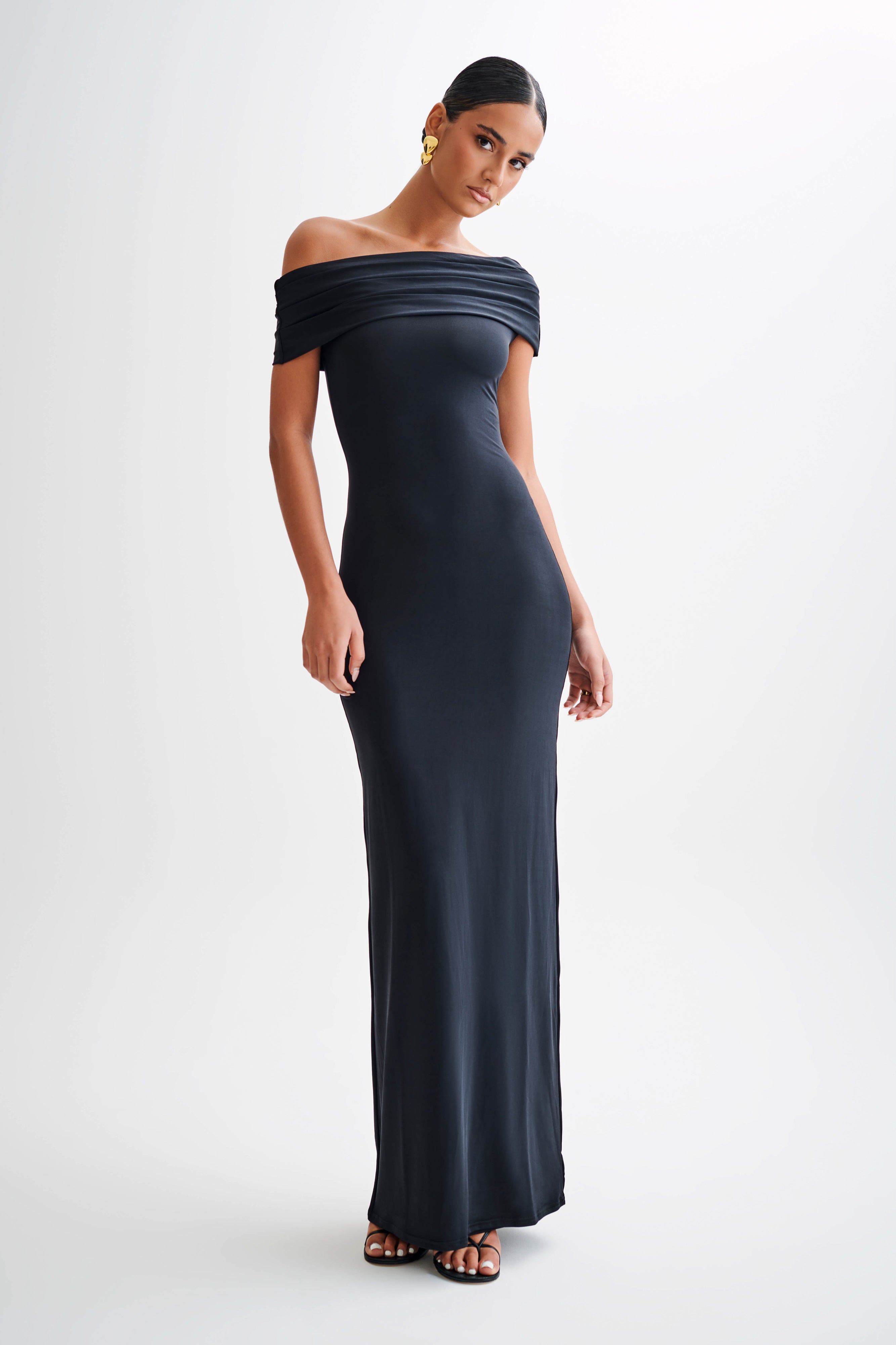 Cassandra Off Shoulder Slinky Maxi Dress / Black | MESHKI | L Cassandra Off Shoulder Slinky Maxi Dress / Black | MESHKI | L
