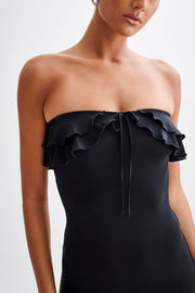 Bea Strapless Slinky Ruffle Midi Dress - Black