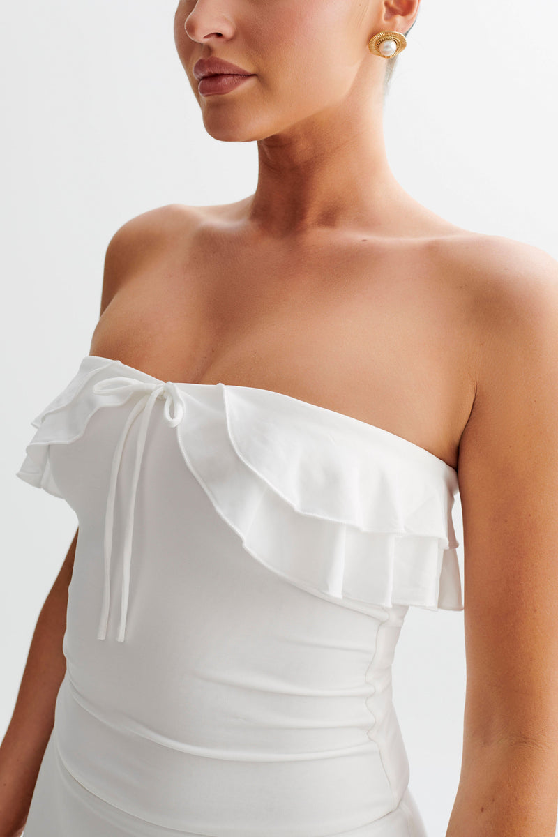 Bea Strapless Slinky Ruffle Top - White- MESHKI U.S Bea Strapless Slinky Ruffle Top - White- MESHKI U.S