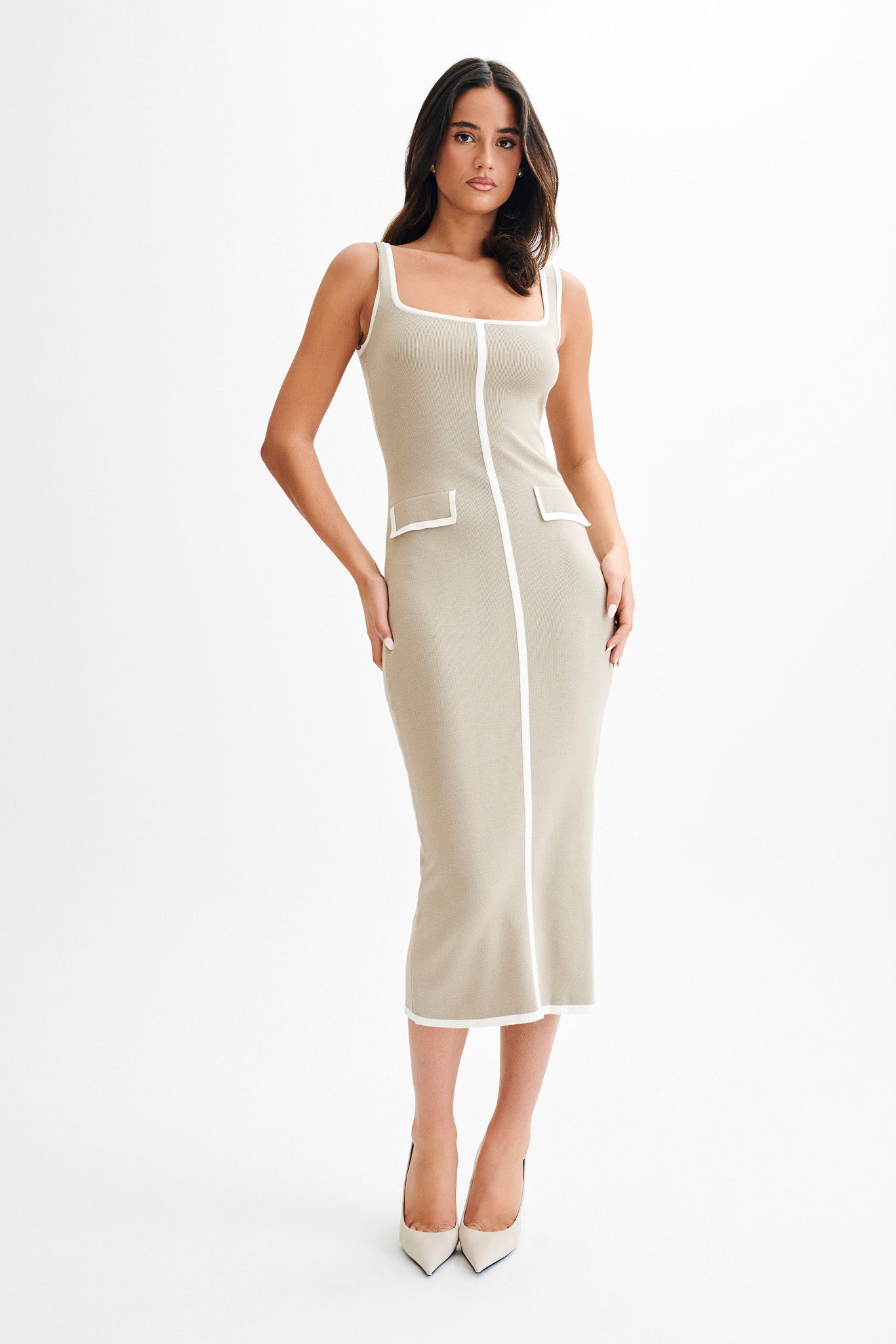 Eimear Contrast Knit Midi Dress - Taupe & Ivory | MESHKI US