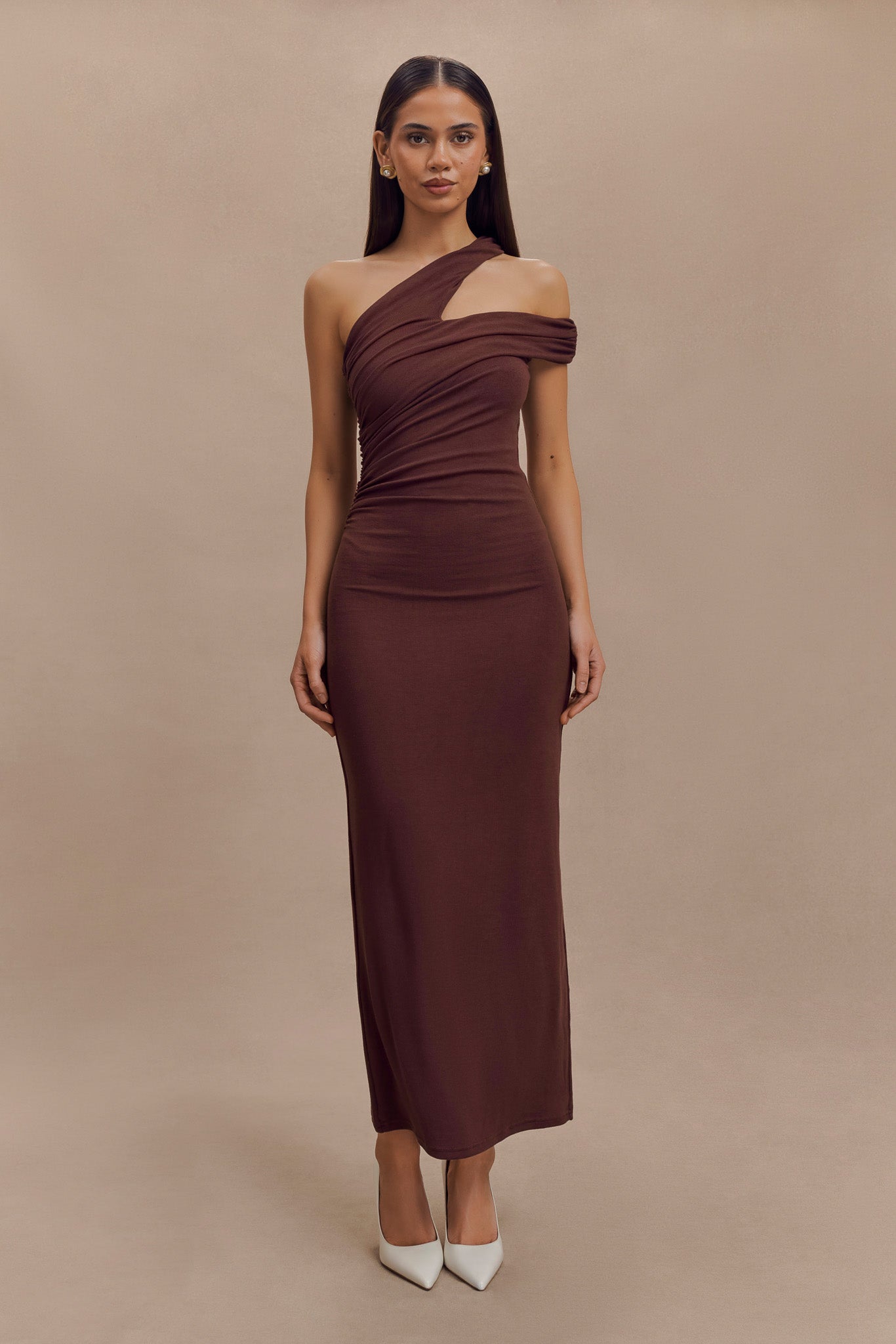 Anastasia One Shoulder Modal Midi Dress / Mahogany | MESHKI | XXS Anastasia One Shoulder Modal Midi Dress / Mahogany | MESHKI | XXS
