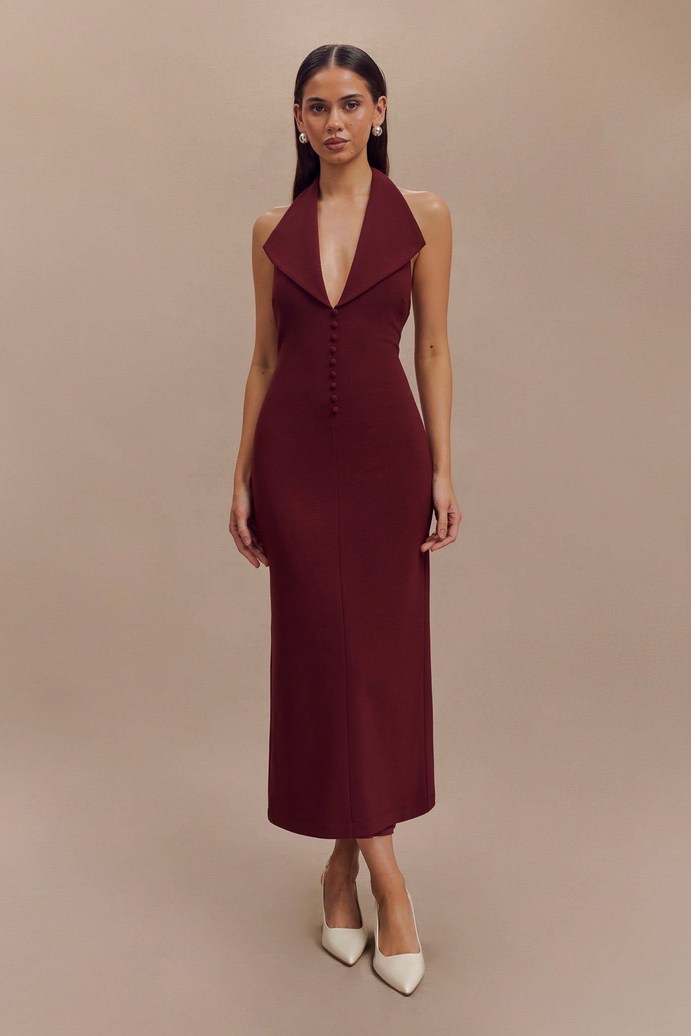 Annita Crepe Halter Midi Dress / Merlot | MESHKI