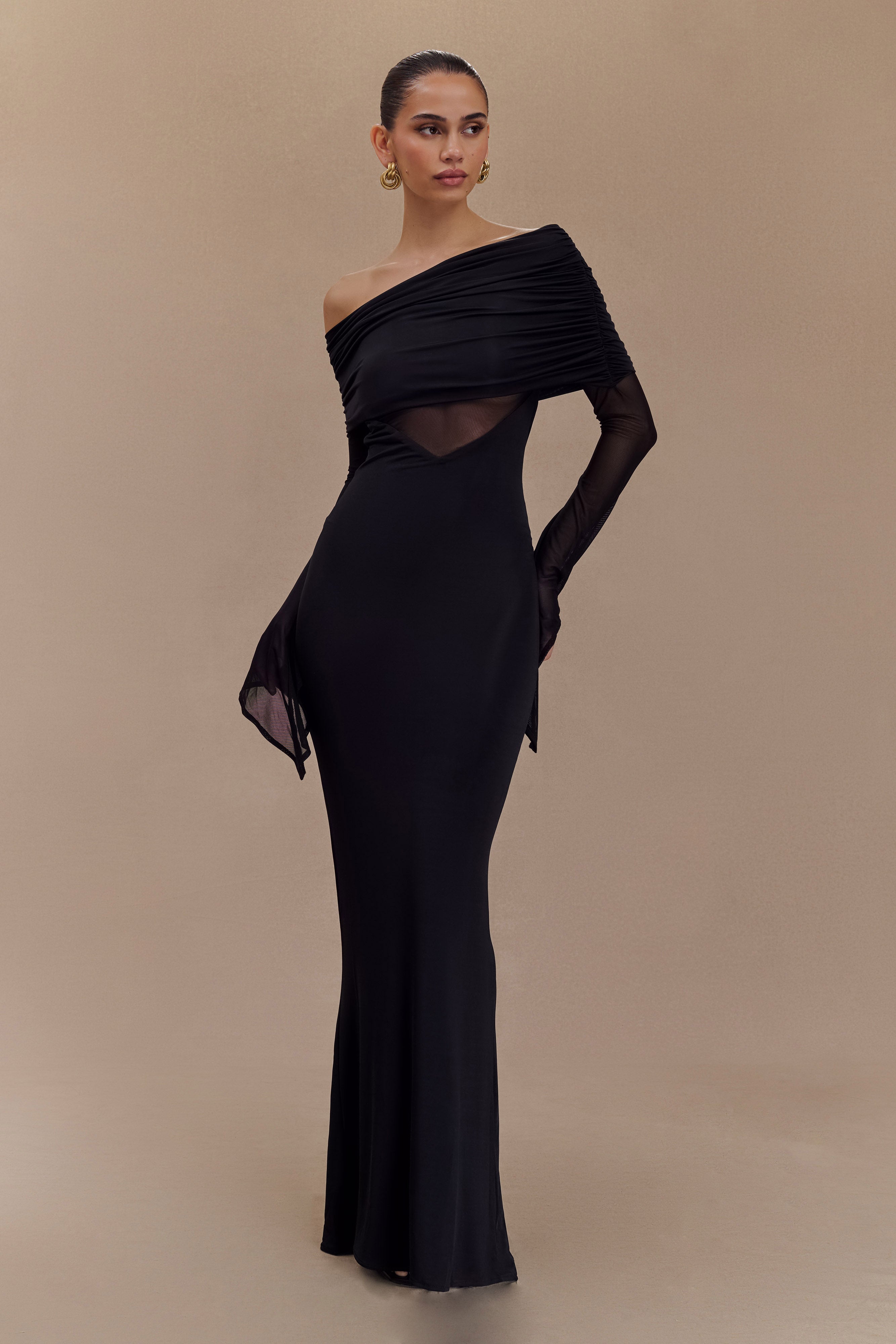 Kaitlin One Shoulder Slinky And Mesh Maxi Dress / Black | MESHKI