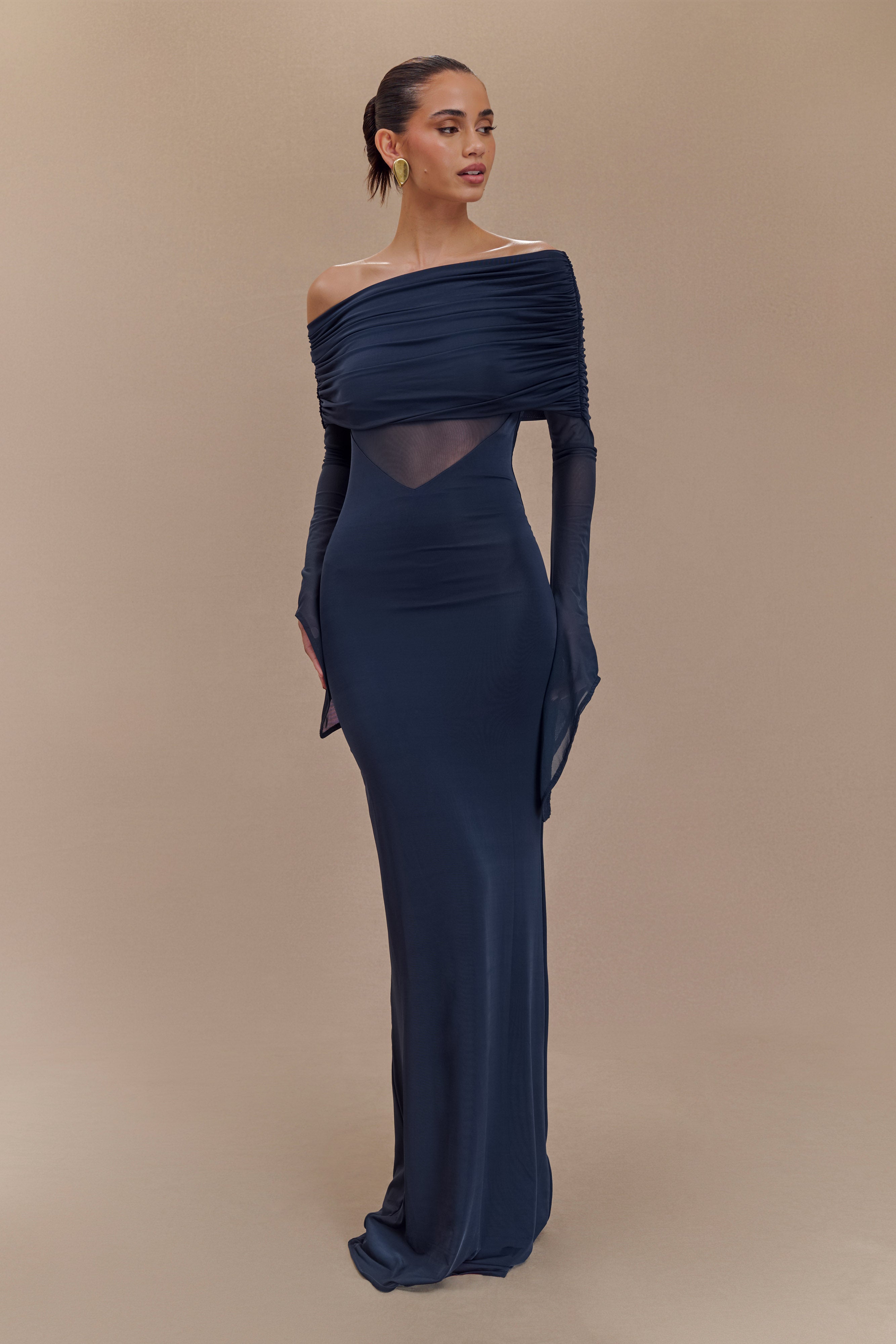 Kaitlin One Shoulder Slinky And Mesh Maxi Dress