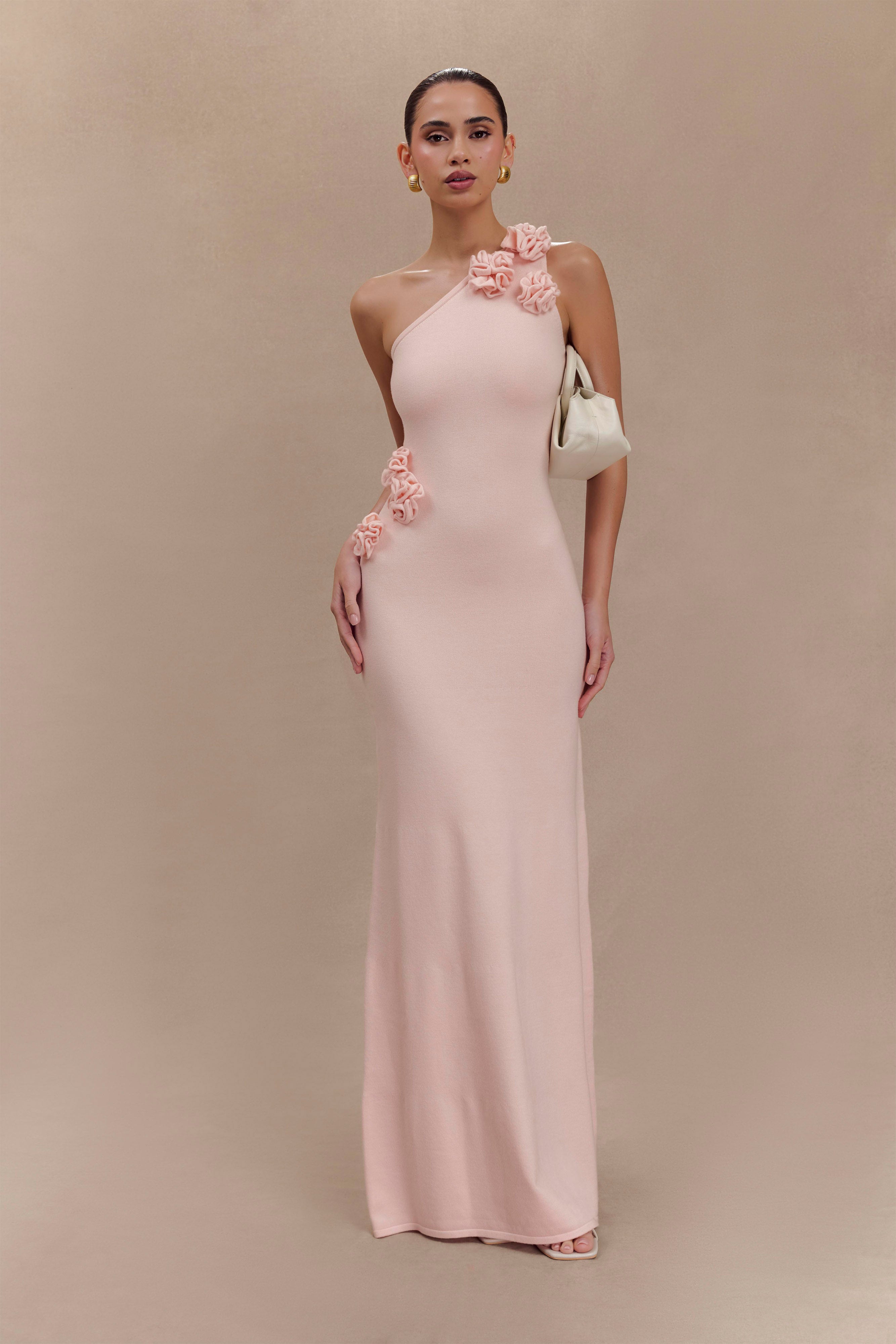 Paloma One Shoulder Knit Maxi Dress With Flowers - Baby Pink Paloma One Shoulder Knit Maxi Dress With Flowers - Baby Pink