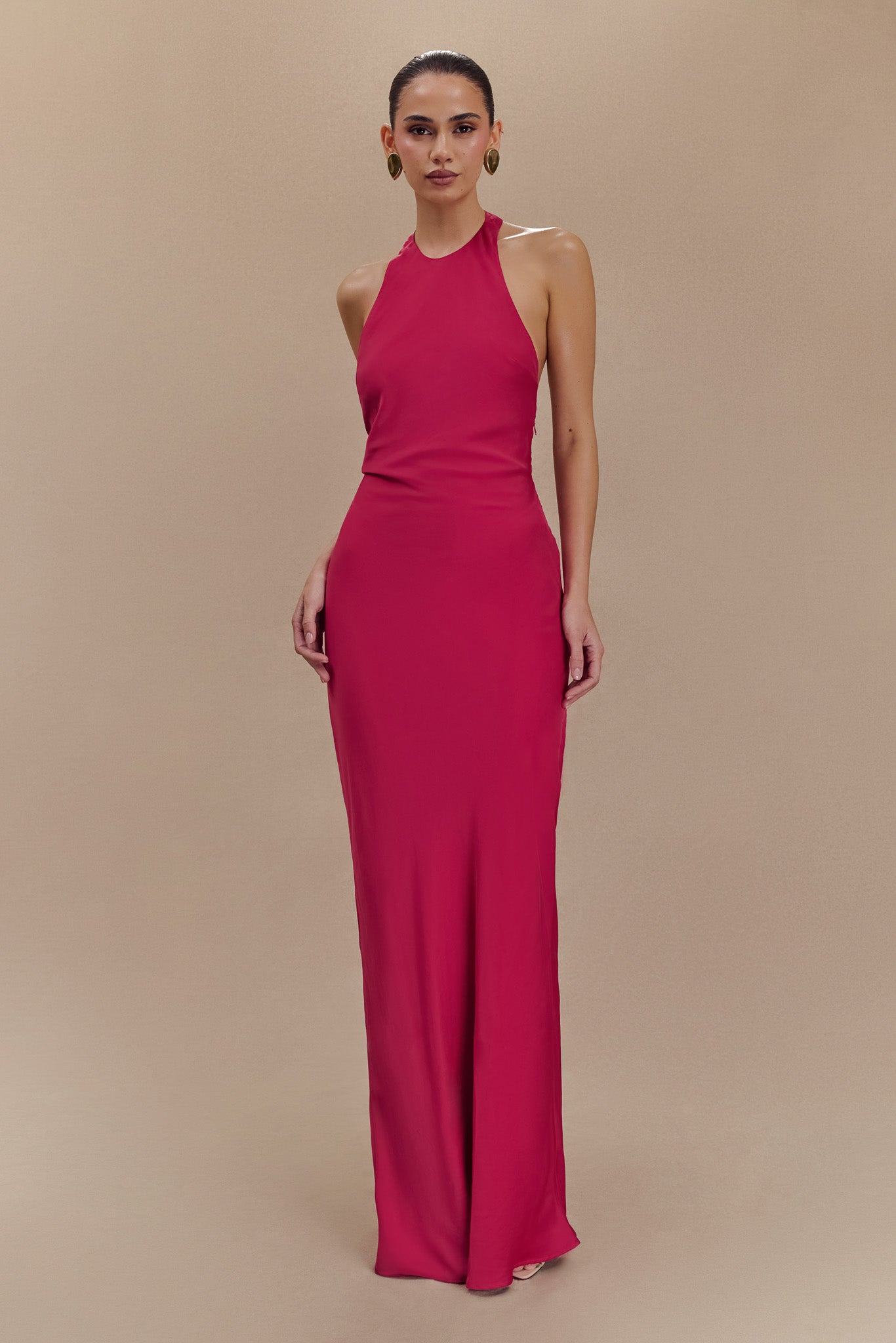 Rinna Satin Halter Maxi Dress / Pink Cherry | MESHKI