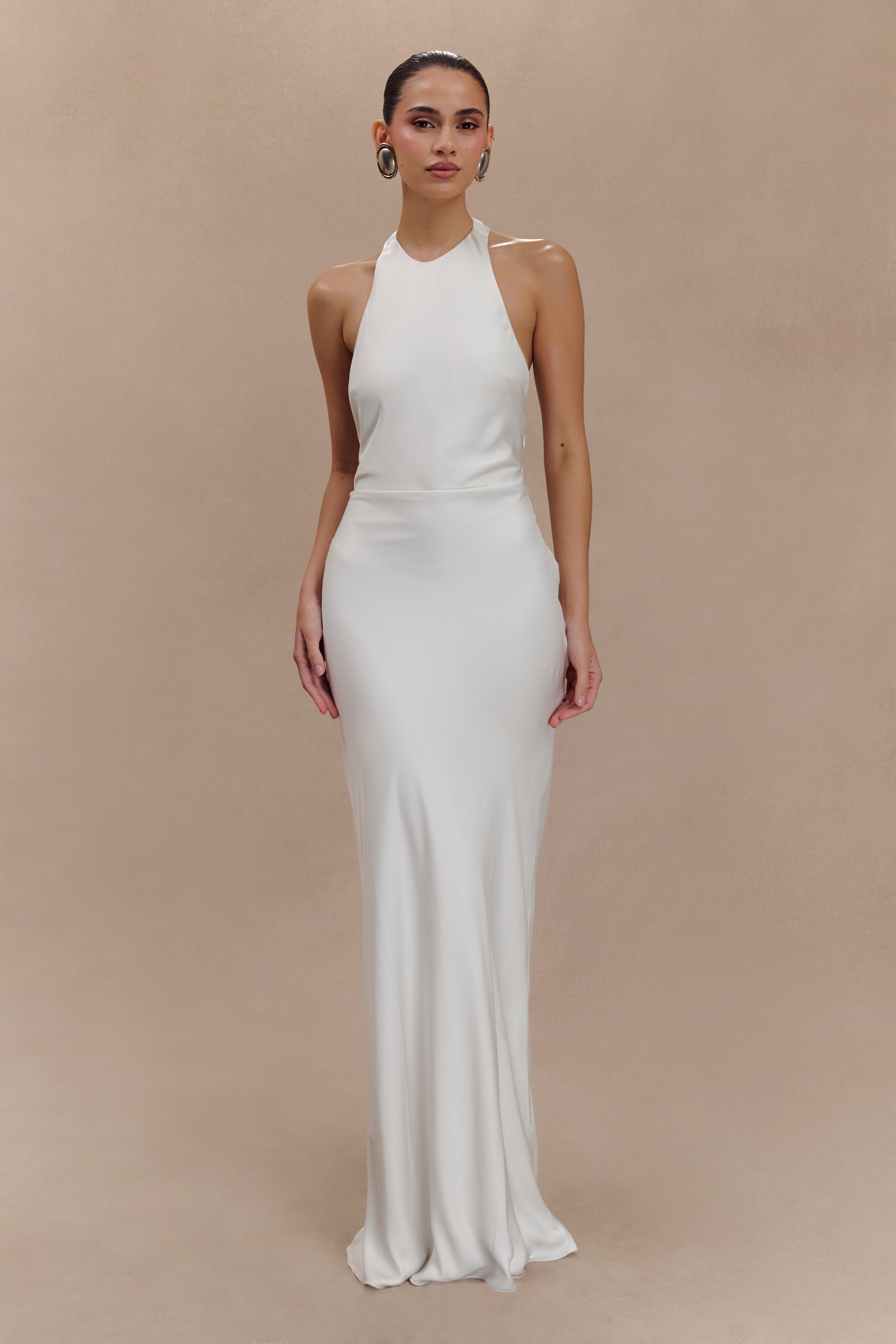Rinna Satin Halter Maxi Dress / Ivory | MESHKI | S Rinna Satin Halter Maxi Dress / Ivory | MESHKI | S