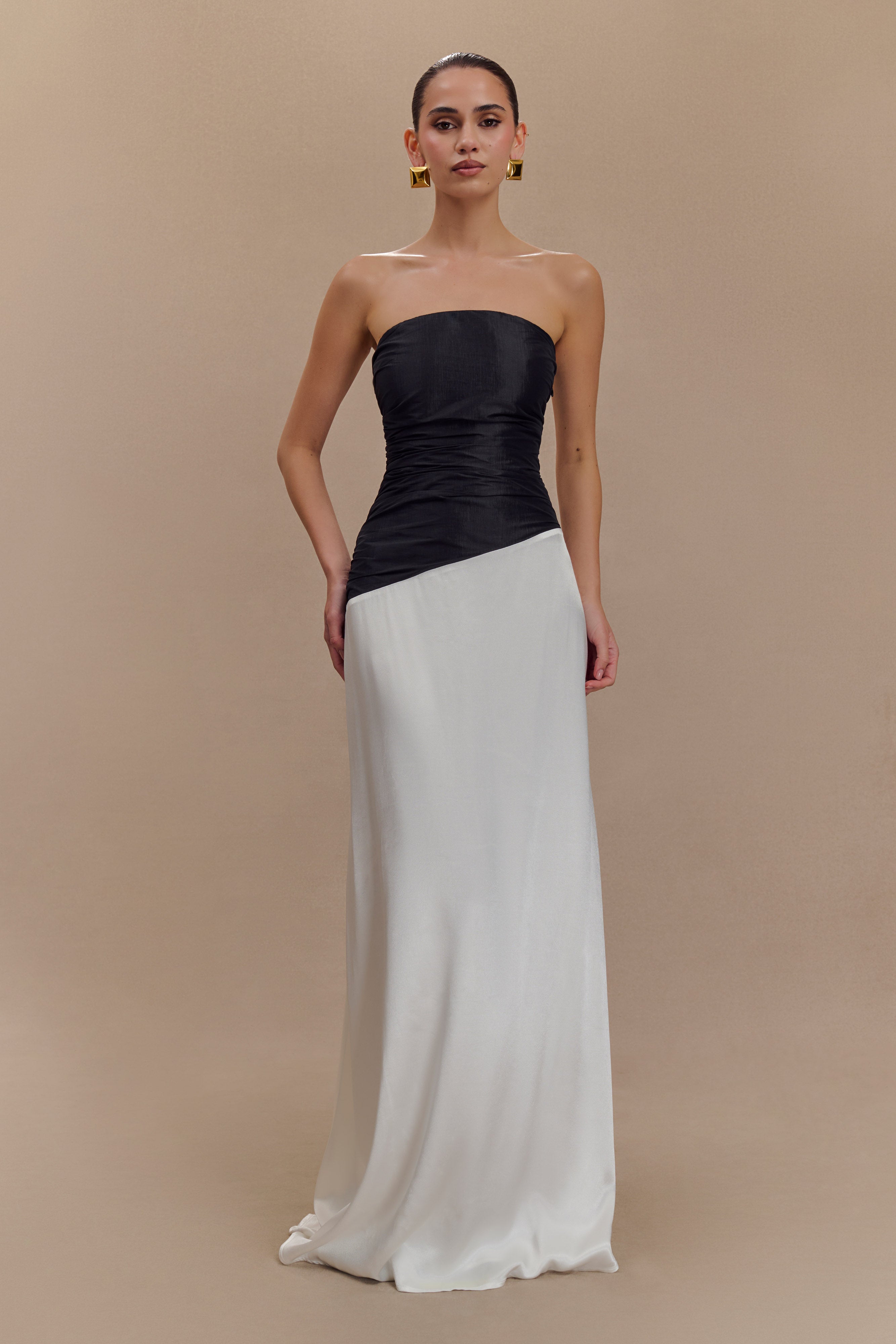Serena Strapless Taffeta Maxi Dress / White/Black | MESHKI