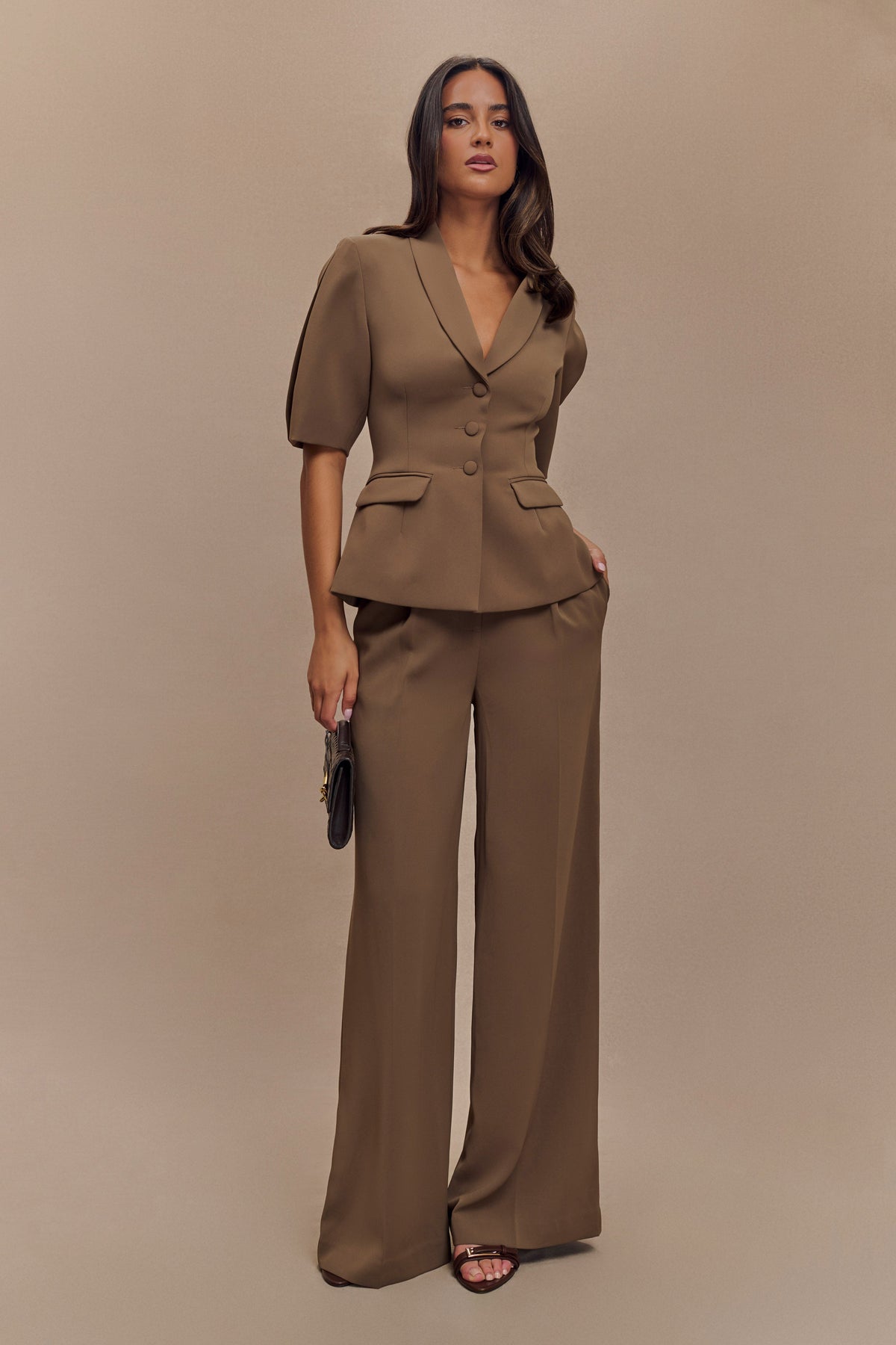 Opal Puff Sleeve Suiting Top - Cacao Brown