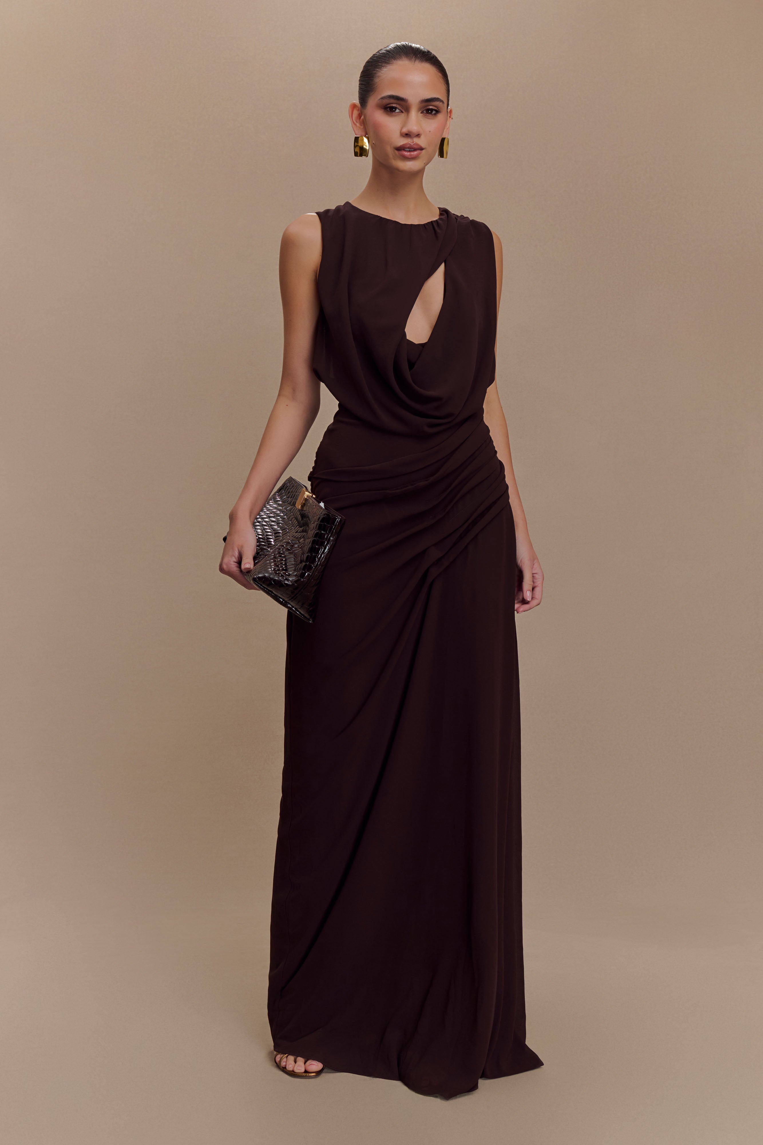 Oria Chiffon Maxi Dress / Cacao Brown | MESHKI | XXS Oria Chiffon Maxi Dress / Cacao Brown | MESHKI | XXS