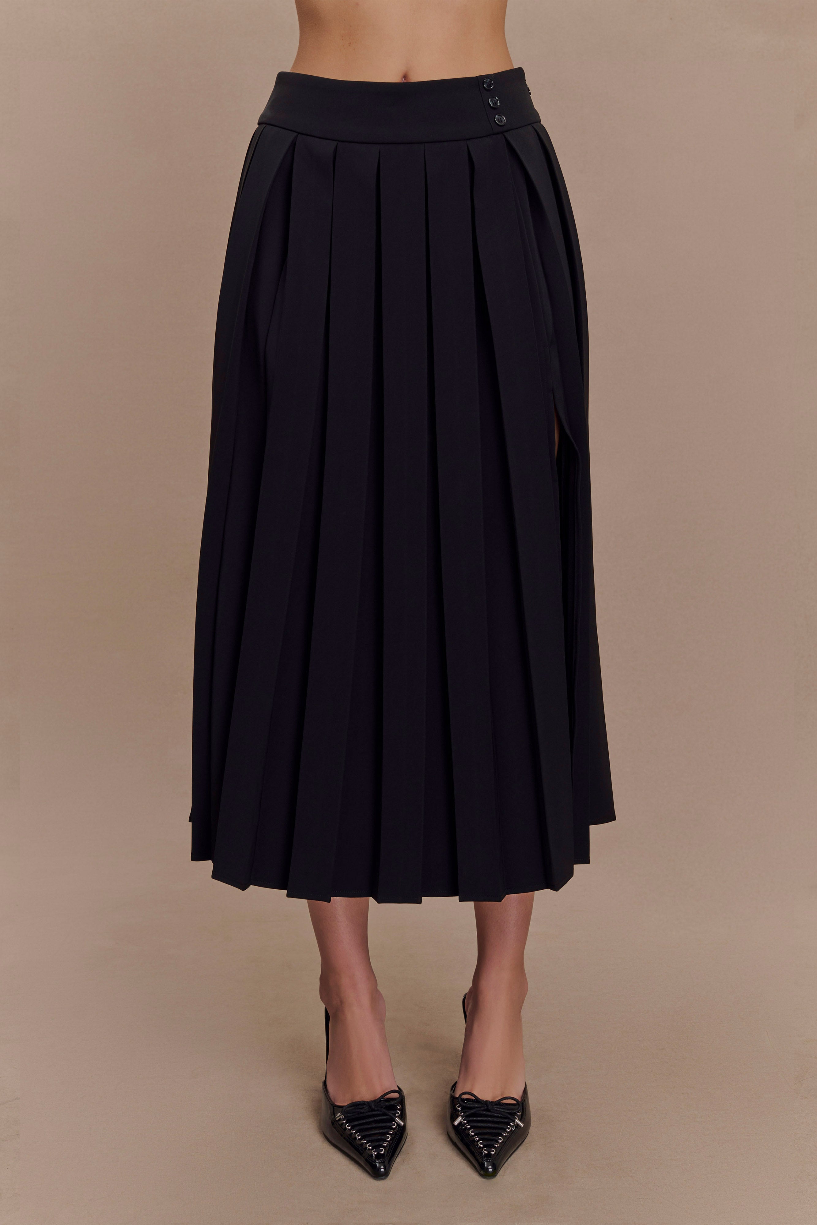 Sunny Pleated Midi Skirt Black MESHKI US