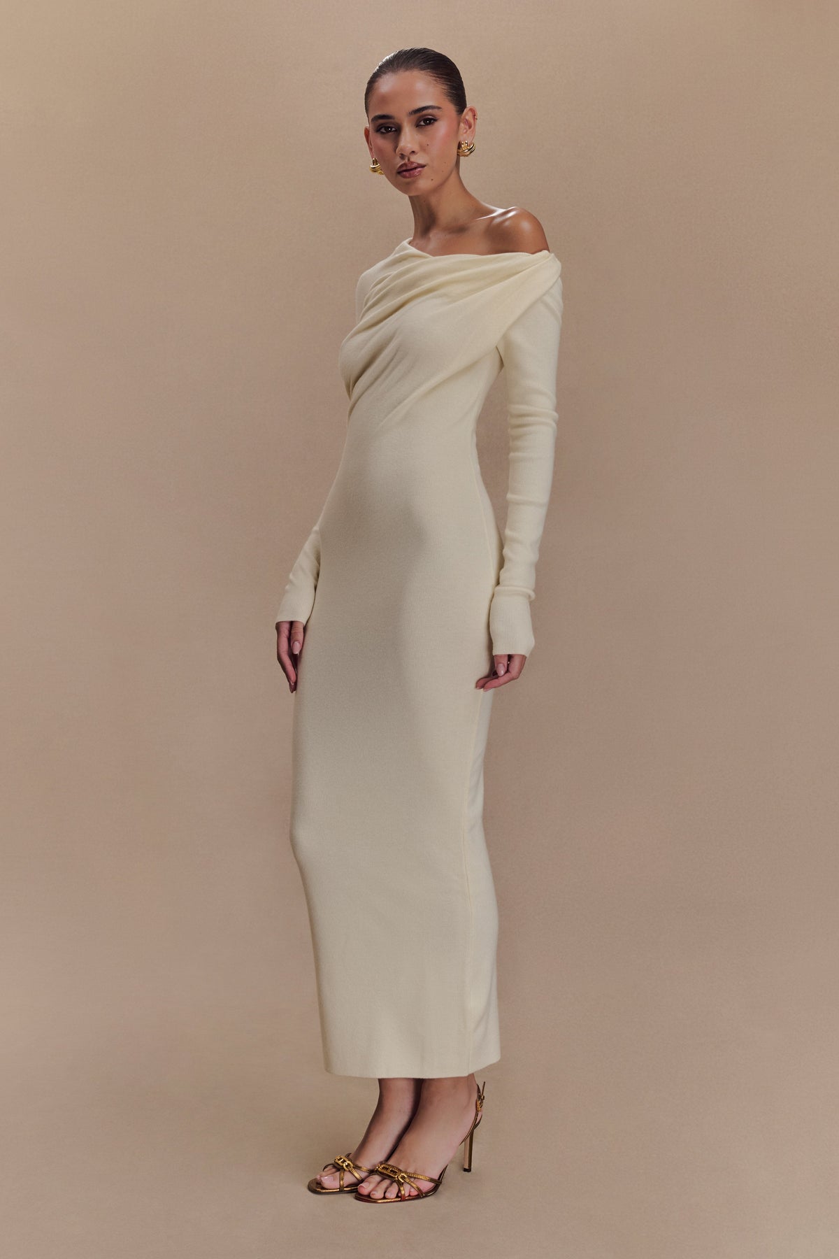 Culver Draped Twist Knit Midi Dress - Cream