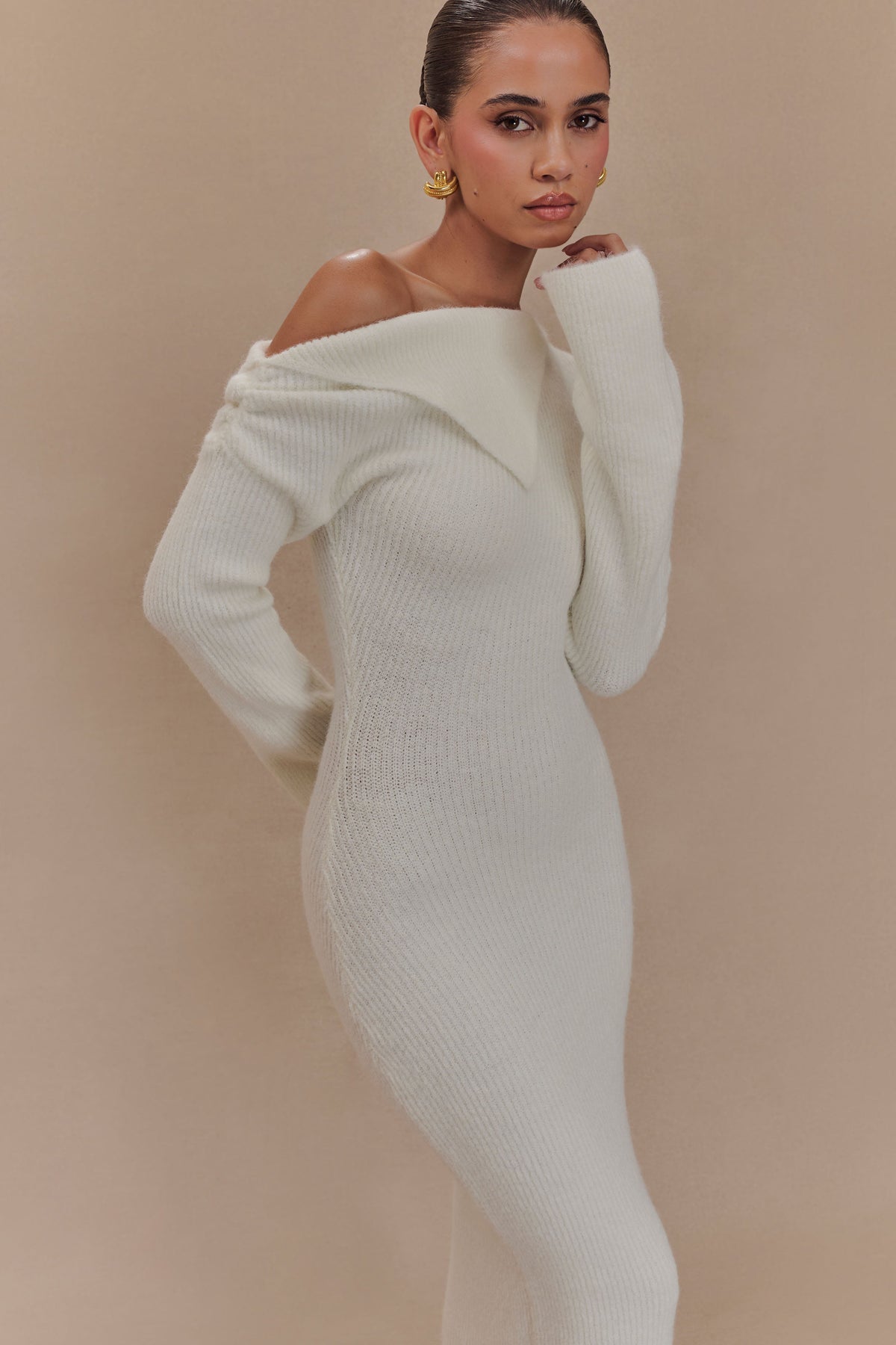 Magenta One Shoulder Fluffy Knit Midi Dress - Ivory
