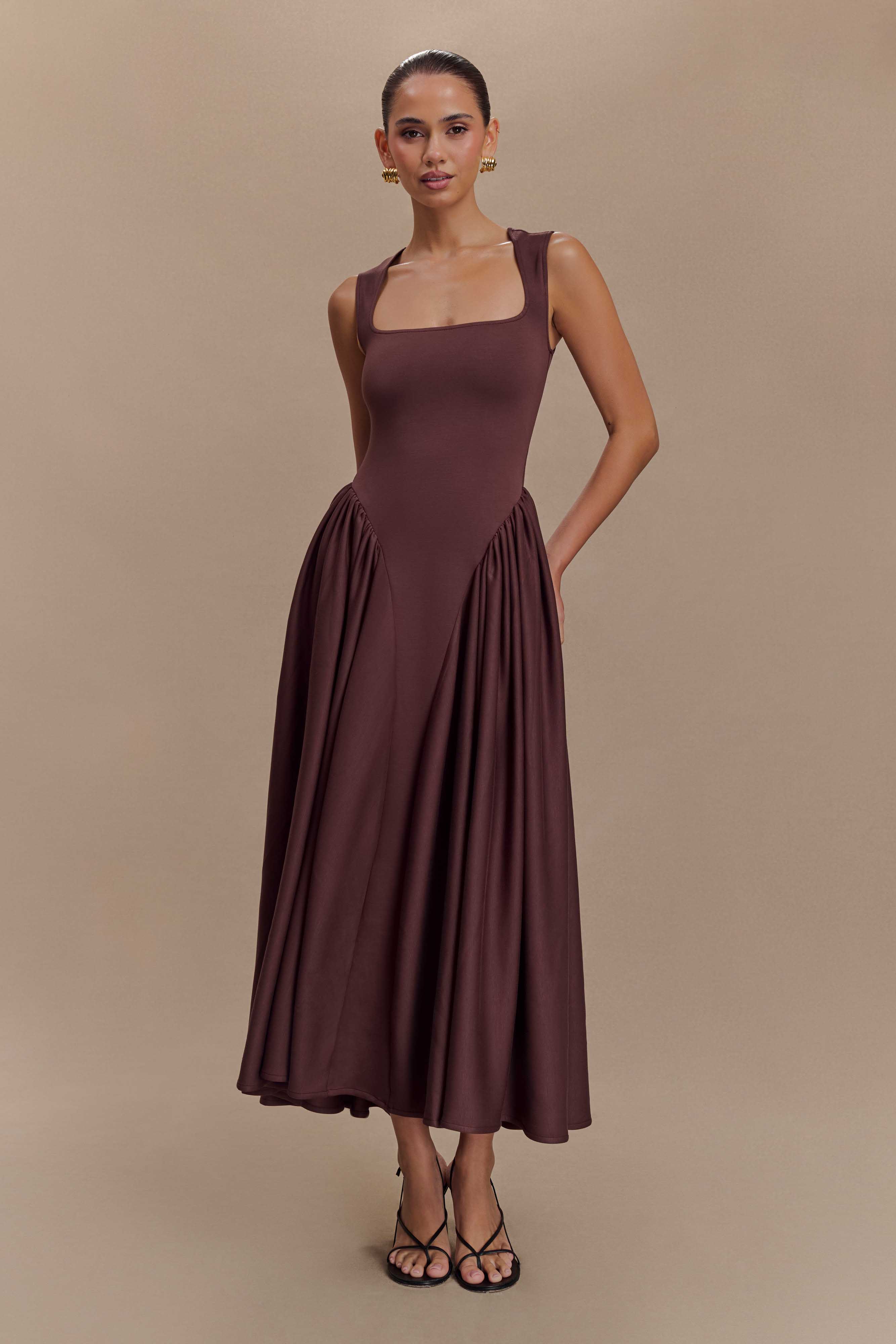 Sharon Scuba Jersey Midi Dress / Cacao Brown | MESHKI