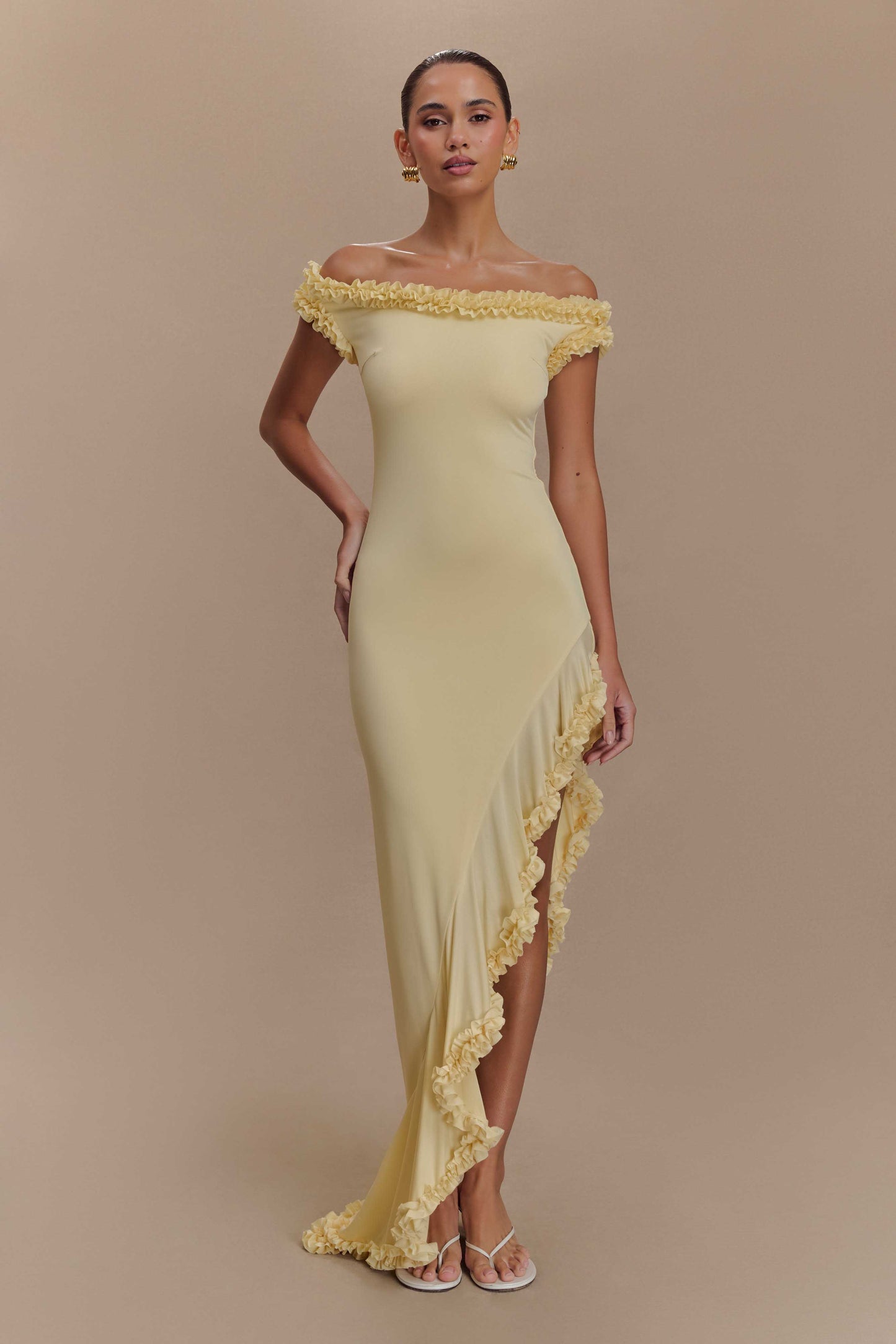 Arielle Off Shoulder Ruffle Midi Dress - Pastel Lemon