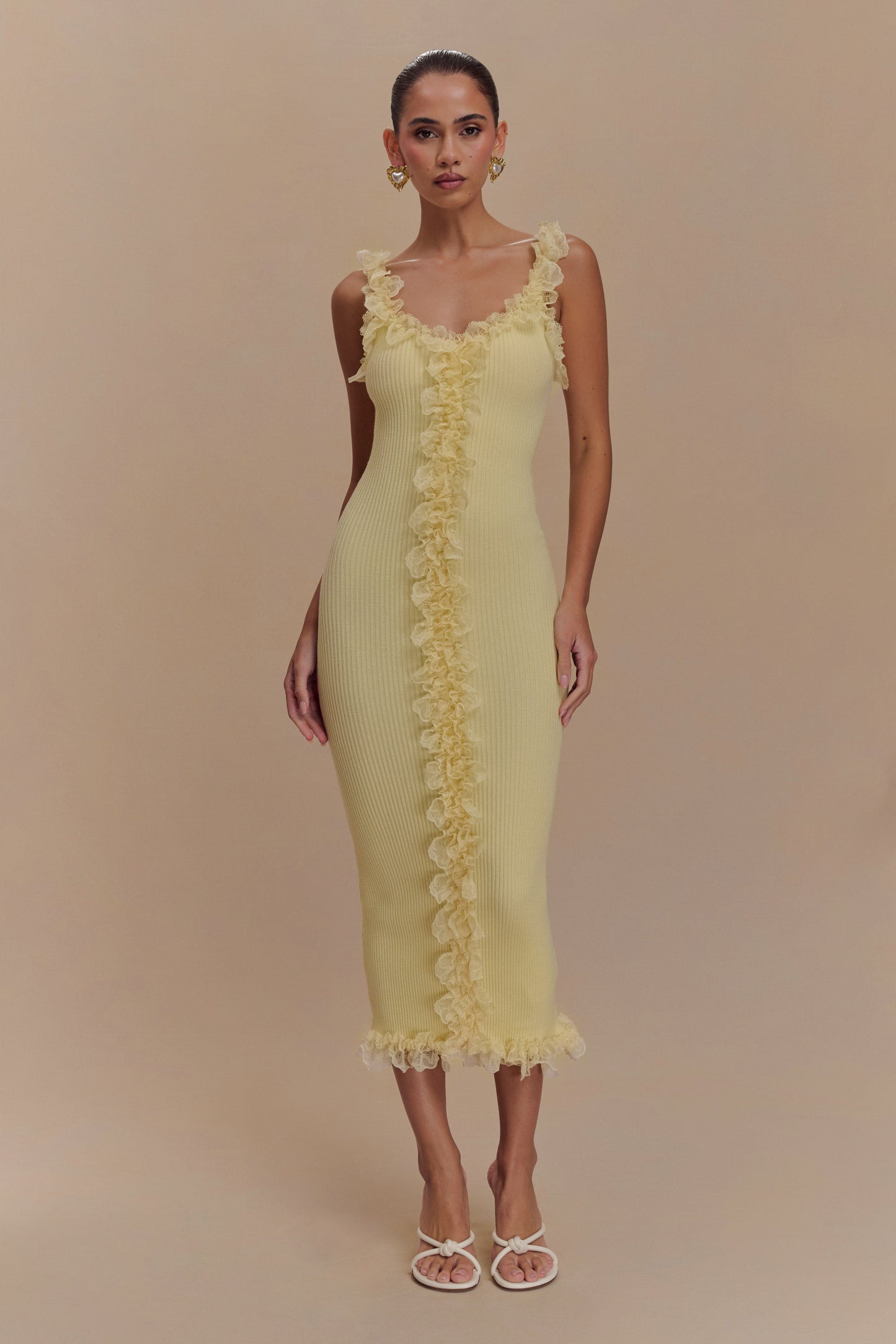 Shay Lace Ruffle Knit Midi Dress - Lemon