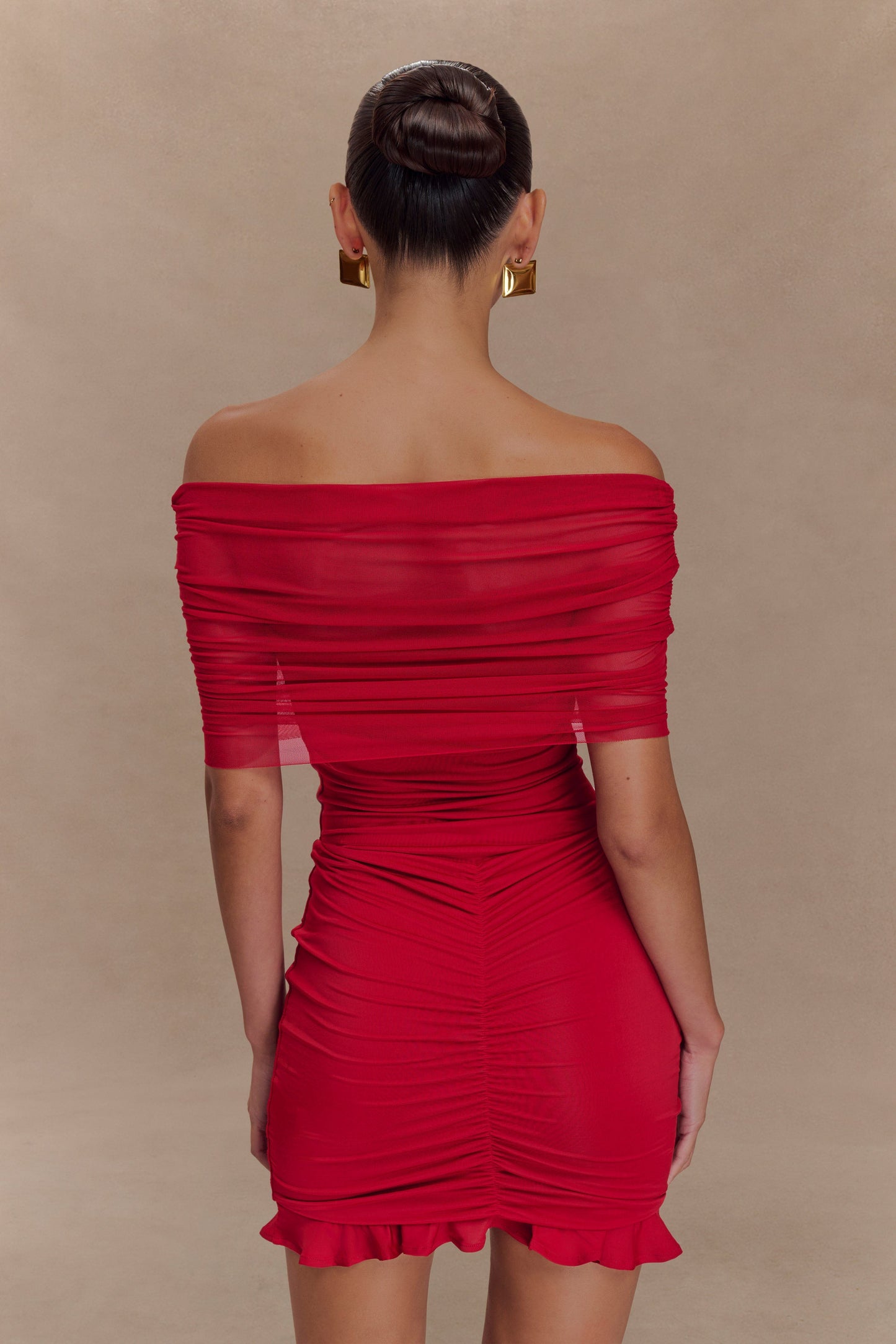 Caspian Slinky And Mesh Off Shoulder Mini Dress - Ruby