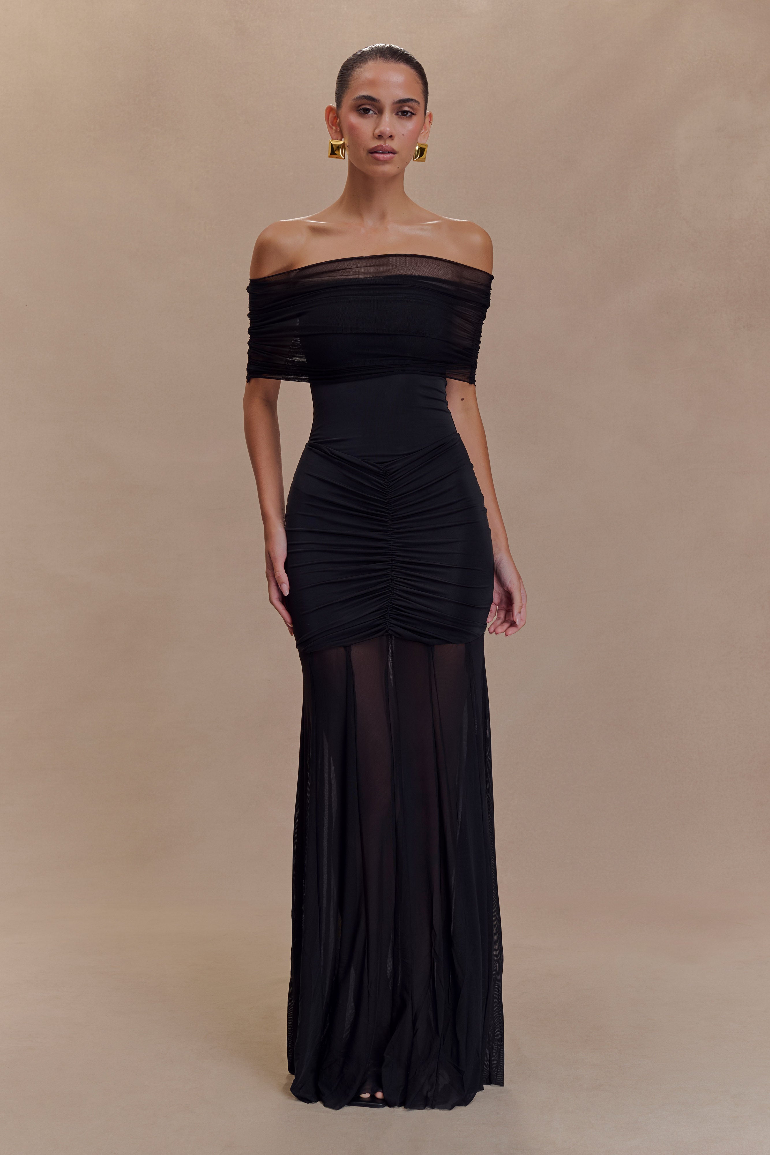 slinky off the shoulder dress Caspian Slinky And Mesh Off Shoulder Maxi Dress / Ivory | MESHKI