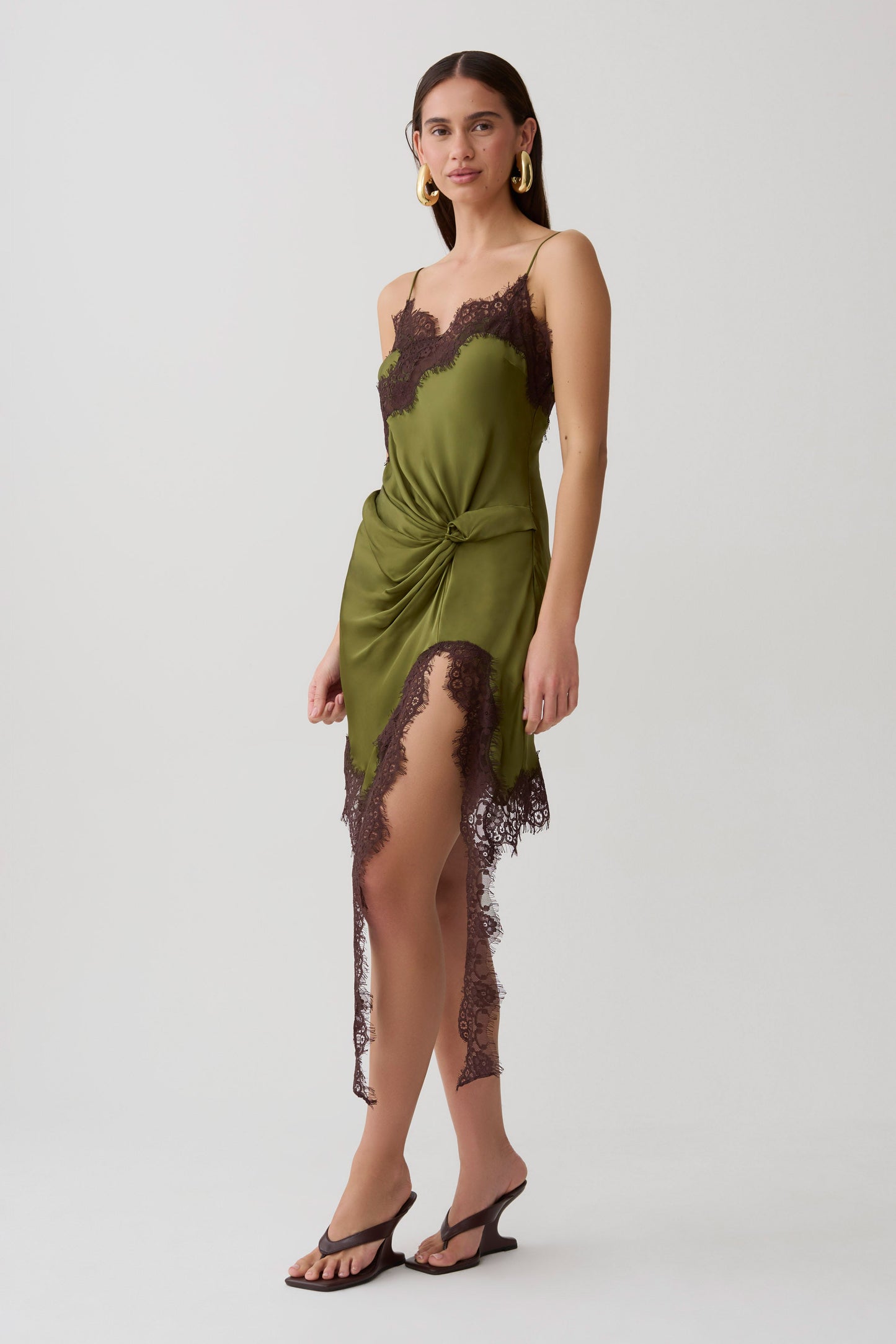 Amber Satin And Lace Mini Dress - Olive